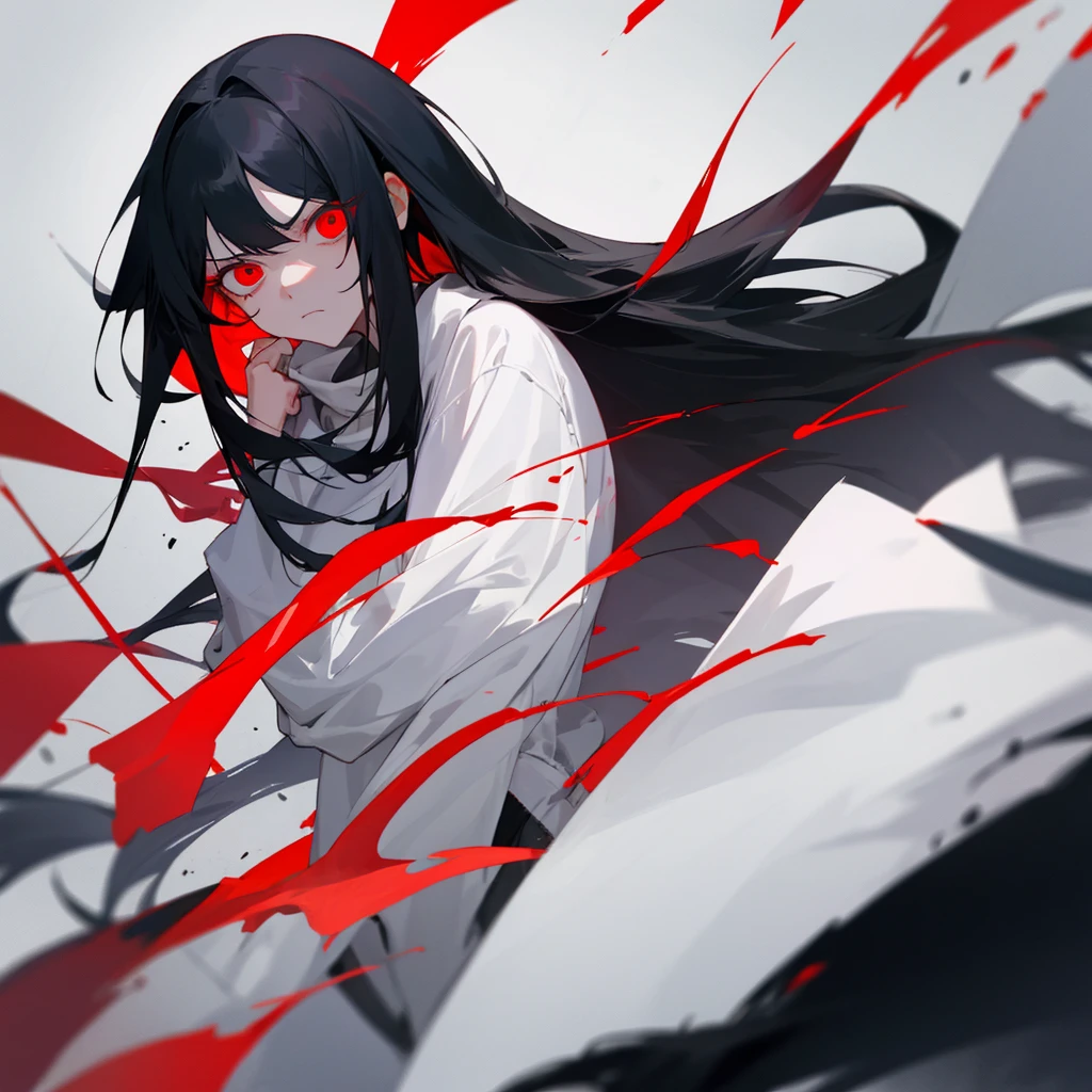 An emotionless girl with long black hair and red sharp eyes