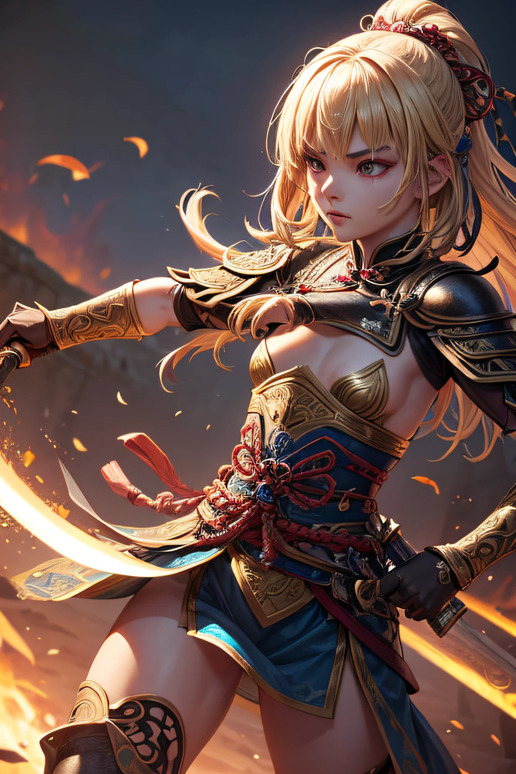 young teen girl, ancient chinese warrior, evil look,,combat stance, wielding a sword, facepaint, bodypaint, sexi, small breasts, ancient chinese armor, highly detailed, , blonde hair, vibrant appearance, creative behavior, extremly detailed, imaginative, sensual, spontaneous, highest quality, skin texture, intricate details, (cinematic lighting), RAW photo, 8k, masterpiece,best quality,ultra-detailed,very detailed illustrations,extremely detailed,intricate details,highres,super complex details,extremely detailed 8k cg wallpaper,