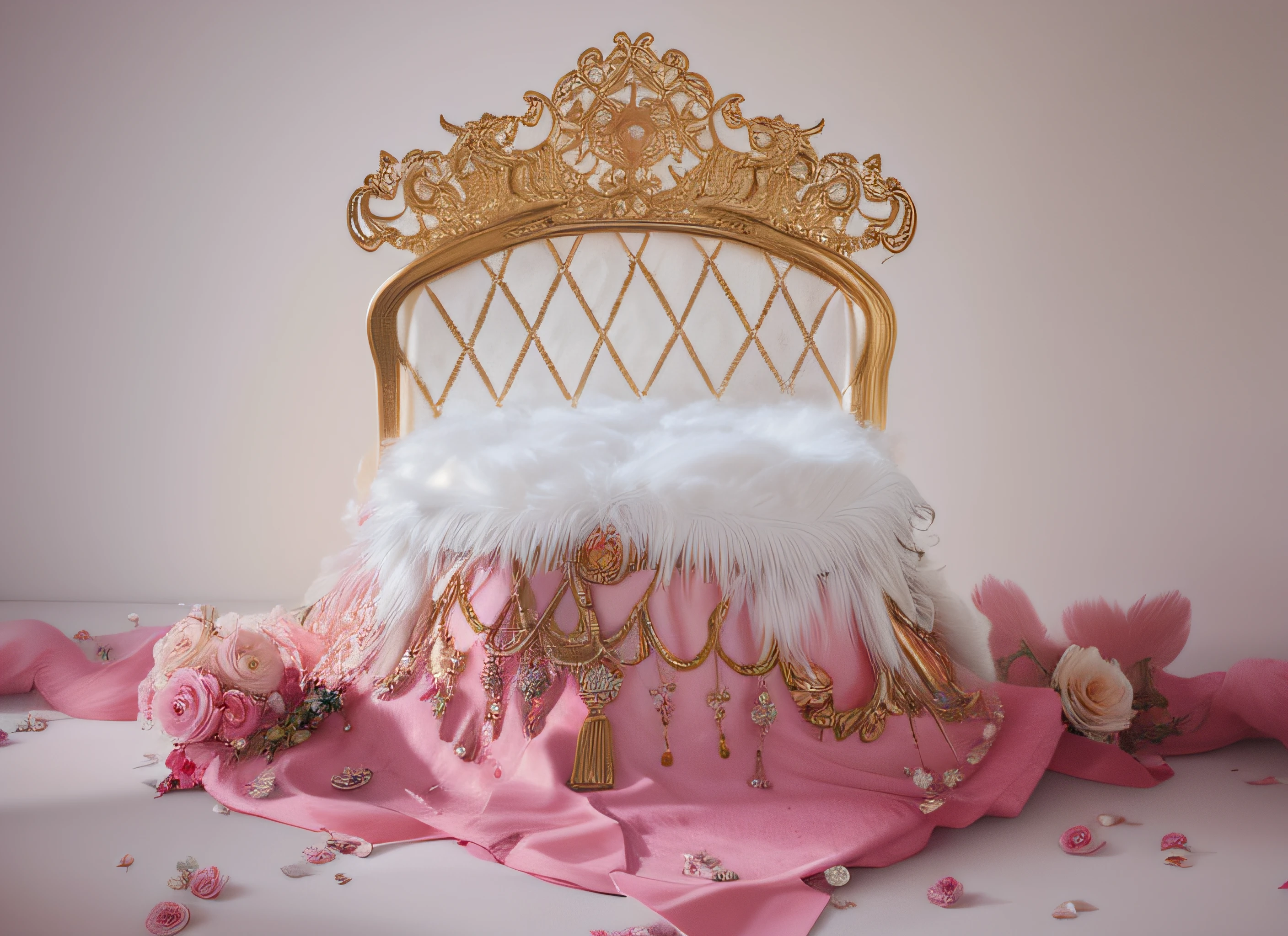 hay una silla con una almohada de plumas blancas y flores rosas, Corona de rosas, glamorous composition, rosa y oro, en su trono, corona de rosa, encaramado en el intrincado trono, corona de plumas muy largas, sentado en un trono dorado, sentado en una silla elegante, tela blanca y rosa, En un trono de cristales, elegante y ornamentado, Ornamentado y elegante