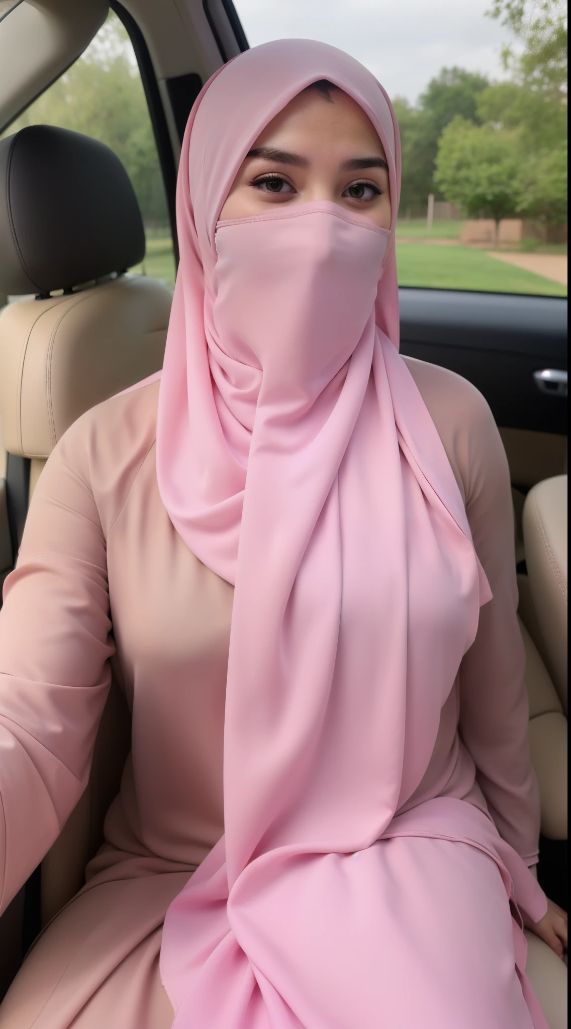 1girl, (chubby girl), (white long hijab), beautiful burqa's woman, ((pink bandana mask)), veiled, 8k selfie photograph, covered face, sitting in her car, Masterpiece, photorealistic, hdr, hd, ultra hd, detailed face, detailed eye, (perfect fingers), arabian style, 30 year old, (fullbody picture)