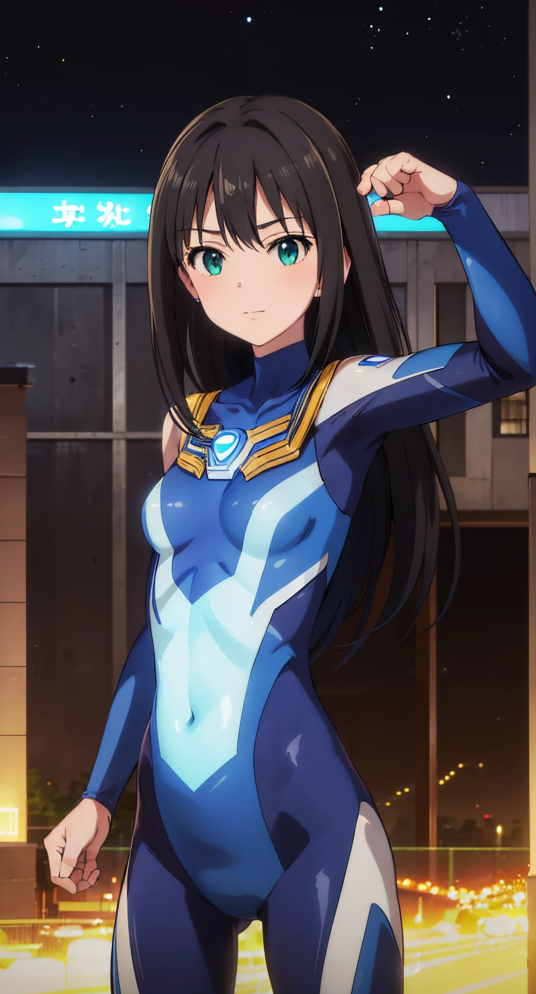 (masterpiece、top-quality、in 8K、hight resolution:1.2)、Alone、1girl in、 Rin Shibuya、taut clothes、cowboy shot、Look at viewers、A slight smil、Hero Suit、body suit、tight suit pose、Trained abs、Trained biceps、(nffsw :1.0)、 Blue Ultraman Bodysuit、glowing gemstone on the chest、(Buildings:1.2)、nighttime scene