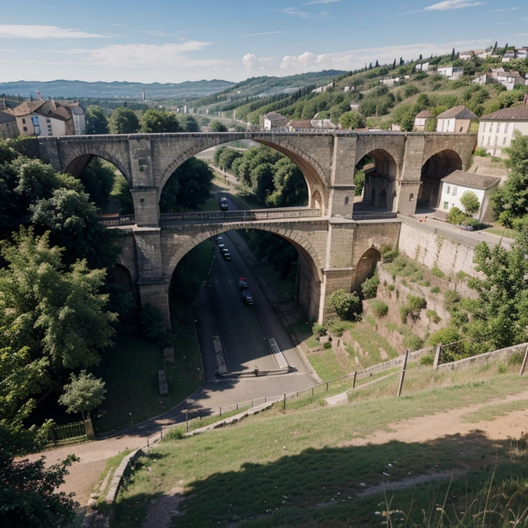 View of the city of Ribérac with a viaduct