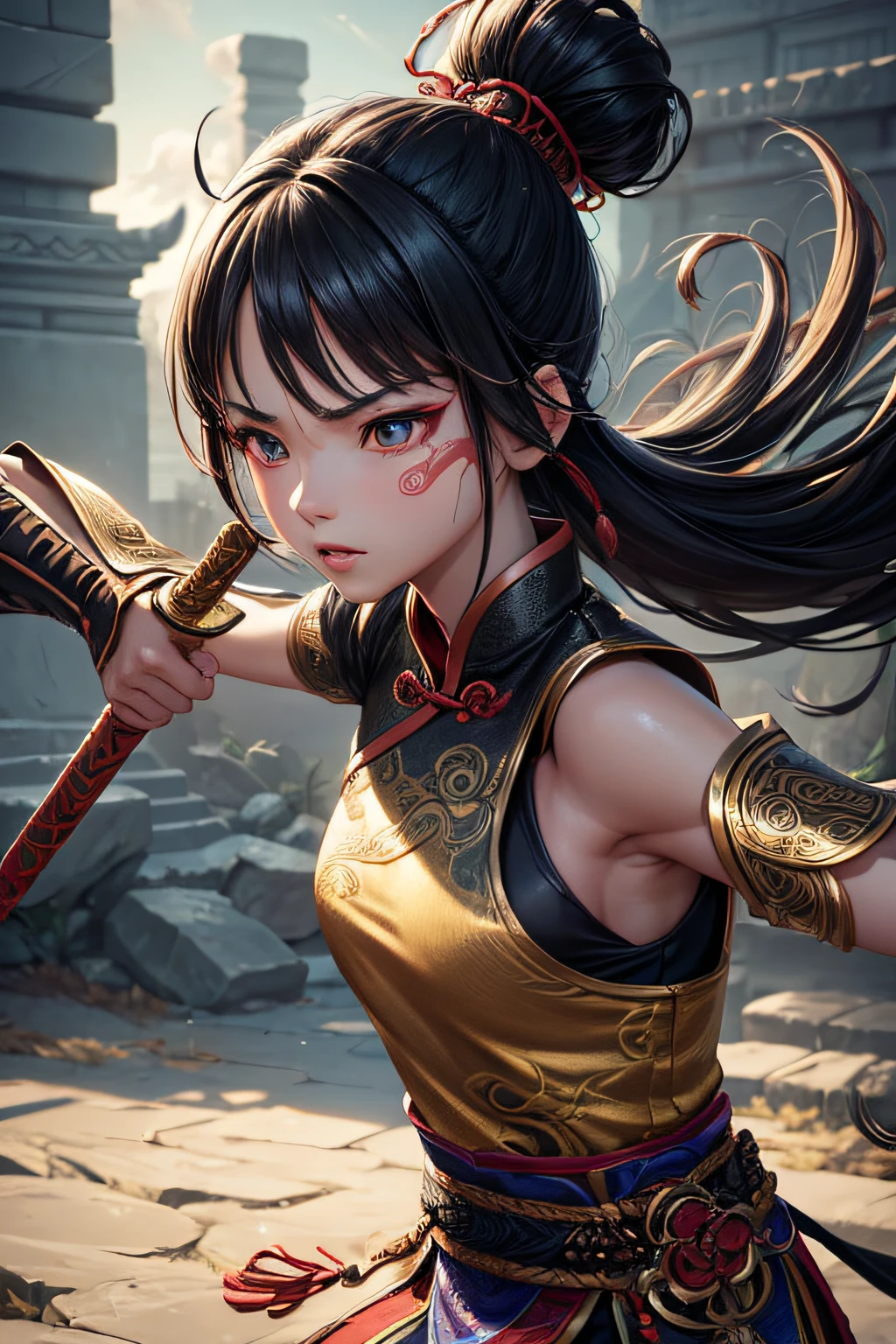 young chinese girl, ancient chinese warrior, evil look,,combat stance, wielding a sword, facepaint, bodypaint, sexi, small breasts, ancient chinese dress, highly detailed, vibrant appearance, creative behavior, extremly detailed, imaginative, sensual, spontaneous, highest quality, skin texture, intricate details, (cinematic lighting), RAW photo, 8k, masterpiece,best quality,ultra-detailed,very detailed illustrations,extremely detailed,intricate details,highres,super complex details,extremely detailed 8k cg wallpaper,