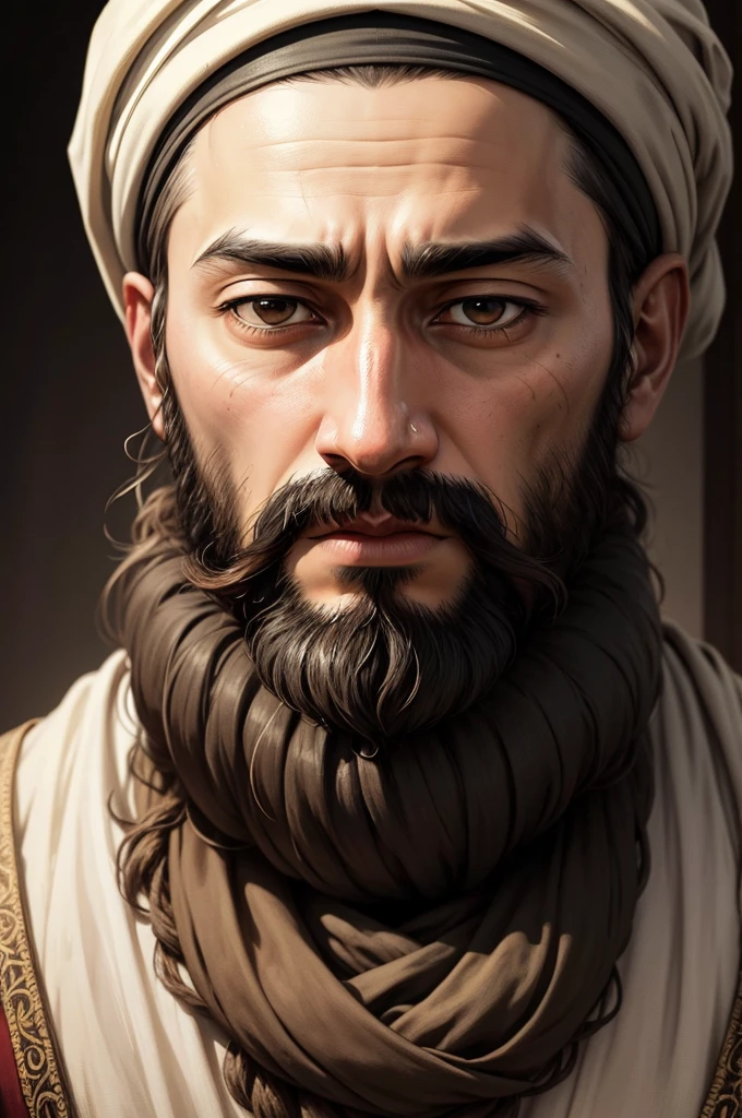 A detailed, high-quality portrait of Osama bin Laden, with realistic facial features including detailed eyes, lips, and a face that captures his likeness. The image should be created using oil painting techniques to give it a traditional and rich appearance. The scene should depict bin Laden in his signature white turban and robes, with a serious expression on his face. The background should be a simple desert landscape, with a hint of darkness and mystery to convey his secretive and dangerous nature. The lighting should be dramatic, with a spotlight illuminating his face, creating strong shadows and adding depth to the image. The colors should be subdued and muted, with a focus on earth tones and shades of brown, creating a somber and serious atmosphere. The image should be of the highest quality, with ultra-detailed features and sharp focus, allowing for every intricate detail to be visible.