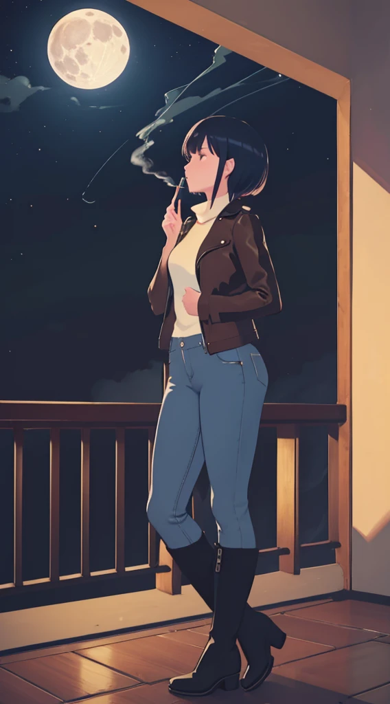1 Downer woman(smokeing),leather jackets,jeans,Short boots,look up sky,verandah,Midnight,Full moon in the sky,4K,High quality,Ultra Detail,super precision,masutepiece,
