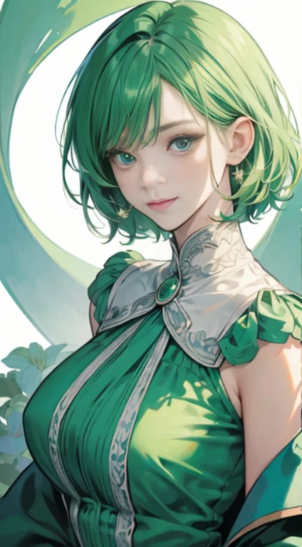shorth hair、a smile、Short hair,green colored hair,Emerald hair,Beautiful bangs、40 years、Glowing white shiny skin、Know、Flow of hair that extends to the face、bangs between eyeliner hair、high resolution eye beauty, Bright and clear, Big light blue eyes shine charmingly、Green dress、White jacket、eye liner、(Ultra Real), (Illustration), (High resolution), (in 8K), (Very detailed), (Best Illustration), (Beautiful quality with attention to detail), (ultra-detailliert), (masutepiece), (Wallpaper), (Detailed face), drooing eyes,Upper Body Up, Solo, Colossal tits