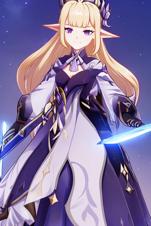 masterpiece, best quality, 3d, 1girl, solo, electro vision, blonde hair, long hair, bangs, purple eyes, small pointy ears, holding sword, looking at viewer, smiling at viewer, purple dress, silver and white accents, long sleeves, gloves, silver crown, scar over right eye