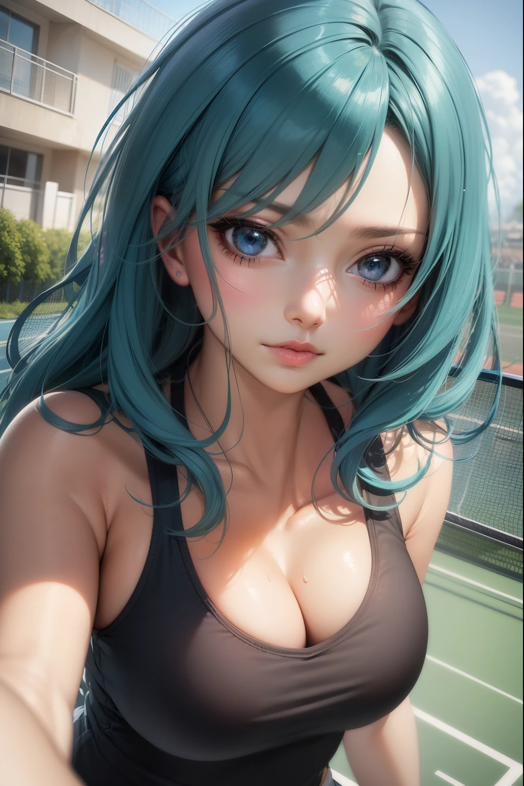 anime girl with (pink hair) and grey top on tennis court, anime girl with (pink hair) , detailed digital anime art, digital anime illustration, anime style 4 k, realistic anime artstyle, digital anime art, beautiful anime portrait, realistic anime art style, portrait anime girl, extremely detailed artgerm, anime style portrait, beautiful anime girl, clean detailed anime art (STEAM) (Huge tits)