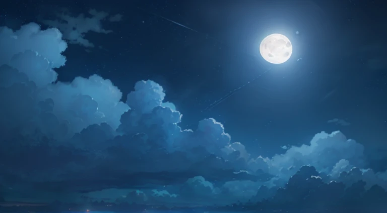 A bright full moon in the sky, nigh sky; 8K, Starry sky environment in moonlight, Dream-like atmosphere on a moonlit night, anime backgrounds, cloudy sky under moonlight, atmospheric anime, moonlit background, anime movie backgrounds, Anime Sky, Floating in the moonlight at night, moonlit sky, moonlit night sky, Clouds background under moonlight