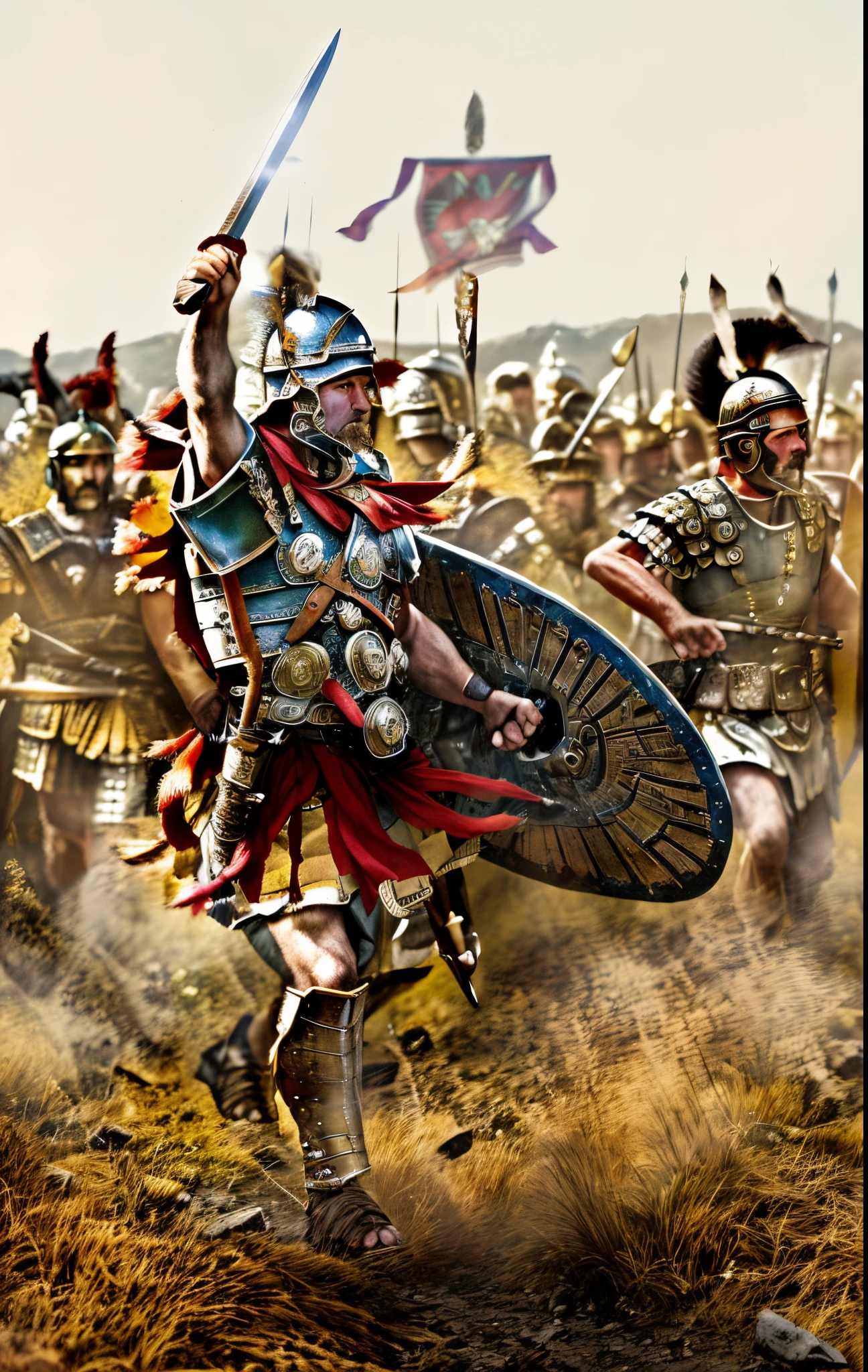 there are many people in the picture, leading spartans into battle, roman legionnaire, roman centurion, by Artur Tarnowski, ancient soldier, ancient battlefield, spartan warrior, by Roman Bezpalkiv, spartan, leading a battle, ancient warrior, by Pogus Caesar, trojan war, caesar victorious, inspired by Roman Bezpalkiv, roman gladiator