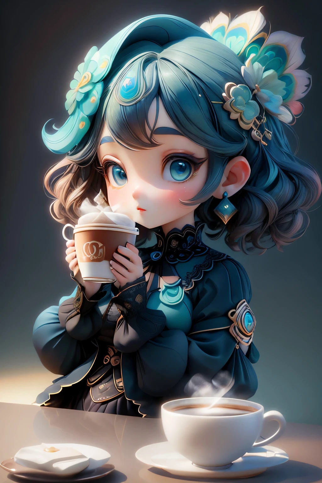 plastican00d, 1 girl in, tchibi, Dopamine color matching, Double diamond, Peacock blue, luxurious fabrics, dither, Profound,Holding a coffee cup, clean backdrop３d、4ｄ