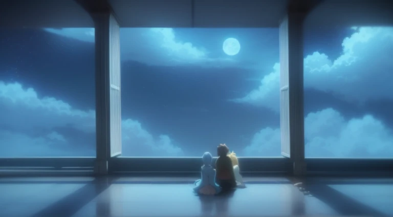 Animation scene of two people sitting on the windowsill looking at the moon, beautiful anime scenes, anime scene, Today’s recommended anime still, Anime beautiful peaceful scene, Screenshot of the animated movie, daytime ethereal anime, Screenshots from the 2012 animation, Opening scene, Still from TV animation, anime movie screenshot, atmospheric anime, Still from anime, in the anime film