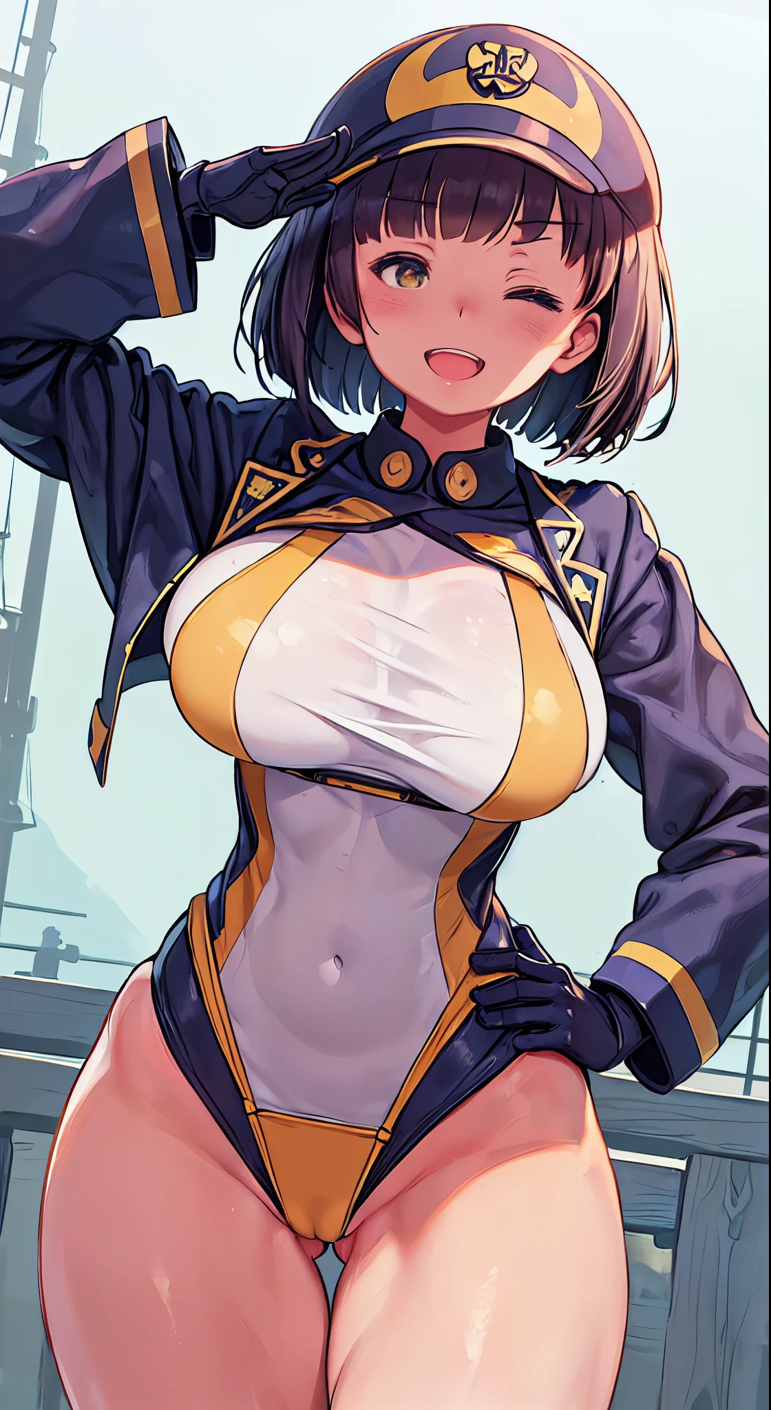 (Perfect body),Best Quality,(8K Portrait),(anime screen cap)、((Police Woman)),blush,Sweat,((large udder))、(Dark hair),((bob cuts))、Yellow eyes,(((thick thighs))),((((Navy blue leotard))))、from behind、((:D))、Cowboy Shot、((saluting))、((((Left hand on hip))))、(Navy blue jacket)、showing teeth、(((one eye closed)))、