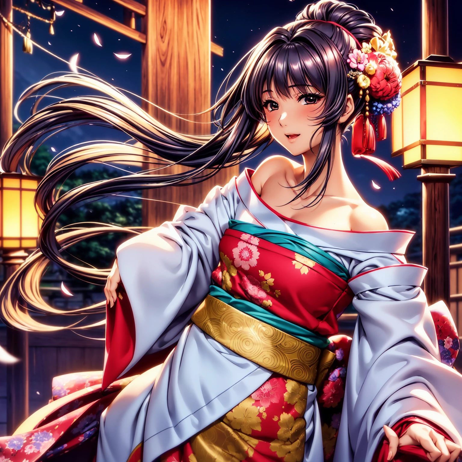 (top quality picture、masterpiece level、very high res、超A high resolution,High-quality detail)、(A 24-year-old woman with perfect and ultimate beauty.,beautiful breasts and body shape,Beautiful body,美丽的面容:1.5)、large pink,Japanese hair,Wide variety of hairstyles,Beautiful hair,Realistic textures,She is wearing a Japanese kimono with beautiful colors.,Richly colored kimono,Shoulders exposed from kimono,I can see the cleavage,has a bewitching smile,Inviting gaze,Mouth opens,The wind is blowing,Hair flutters under the influence of the wind,Kimono flapping due to the wind,The sleeves and obi of the kimono flutter in the wind.,Gestures and postures that highlight the kimono,that is a mysterious place,Fantastic night sky and beautiful full moon,Lantern light,Beautiful Landscapes,The cherry tree,Beautiful Landscapes,(The whole body,thigh visible,accurate anatomy、extremely detailed picture、Accurate images、Perfect Image 1.5)、beautiful anime woman, Beautiful Art Style, an animated character、(The whole picture、Detailed picture、Defect-free images、natural soft light、beautiful image),(Best Shot 1.2)