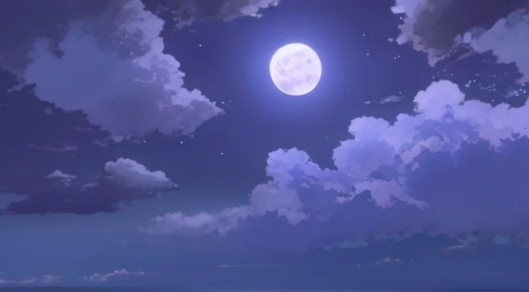 A full moon shines brightly over the ocean, anime backgrounds, Anime Sky, Anime Cloud, Today’s recommended anime still, on a clear night sky, cloudy sky under moonlight, Bright moonlight, Anime screenshots, atmospheric anime, night time moonlight, Beautiful floating clouds. Japanese cartoon, Moon, When the moon full, soft moonlight lighting