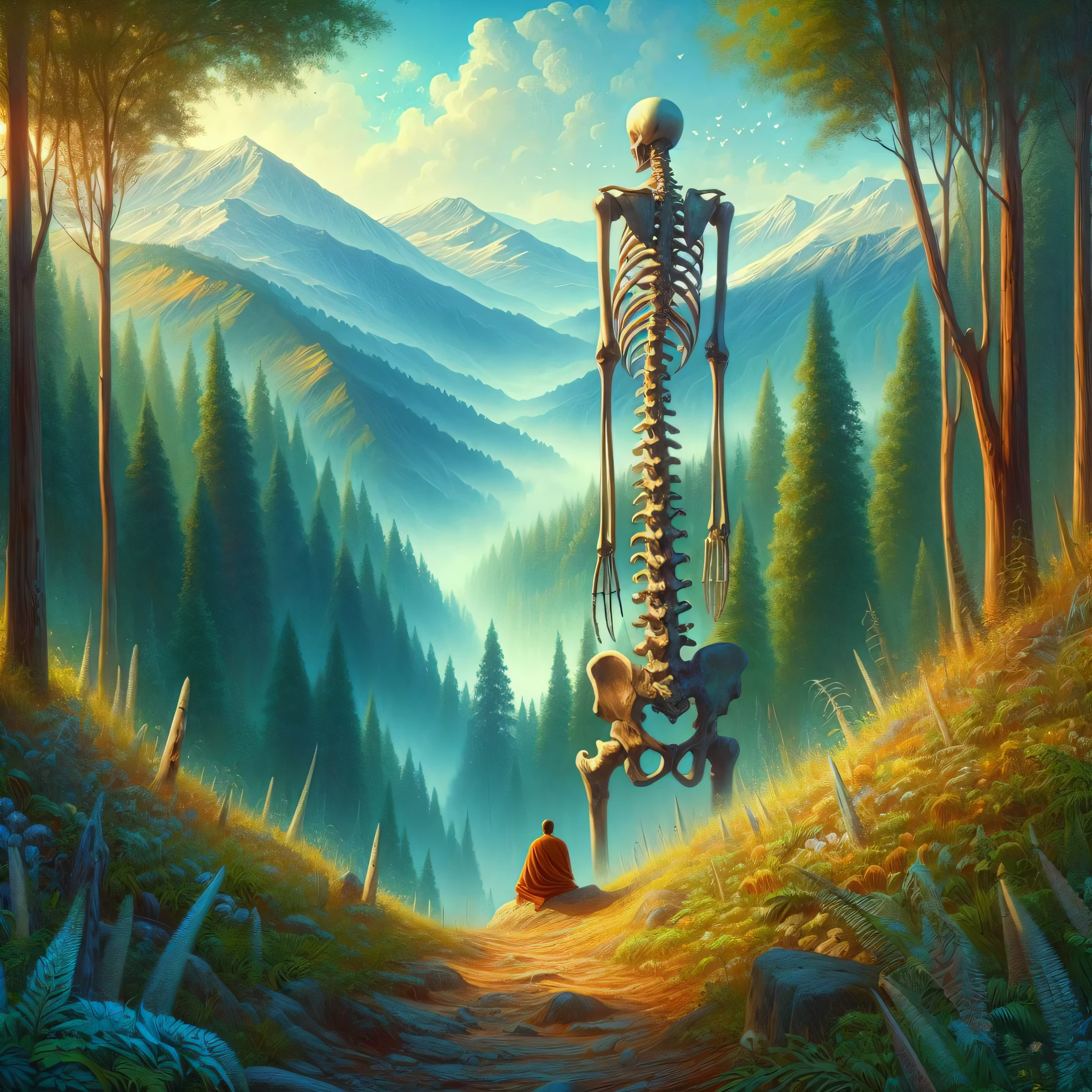 painting of a skeleton hanging from a tree with a dog in the foreground, epic surrealism 8k oil painting, inspired by Michael Whelan, inspired by Brian Despain, fantasy artrealistic painting, skelleton, michael whelan art, surreal concept art, wayne barlowe pierre pellegrini, inspired by Vladimir Kush, stefan koidl inspired, surreal and fantasy art, skeleton climbing