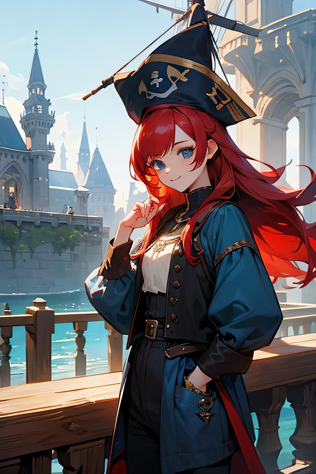 Put your hands in your pockets., I stand up, Final Fantasy, pirate ,young Women, Red-Haired, Blue Eyes, fantasy, kawaii, Beautiful ,Talk a lot, middle ages, Shoot me. ,smile, queen