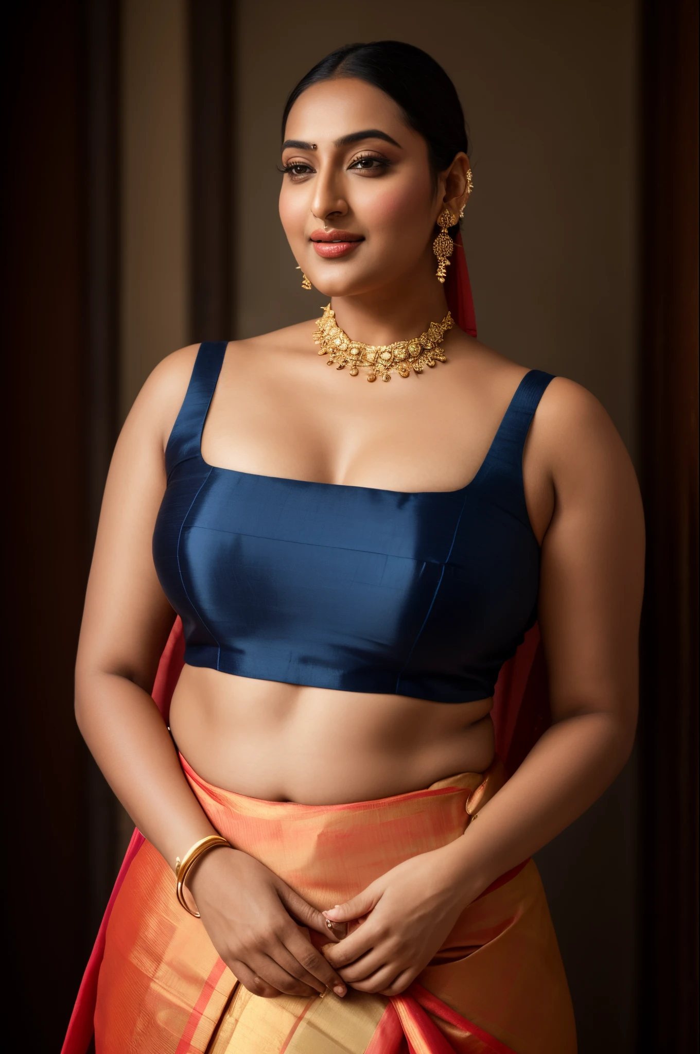 Foto RAW, photorealistic, photography, full body shot, master shot, goddess like beauty, perfect thick chubby mallu Desi aunty bhabhi, Wearing a Stanapatta, a chest-band.Saree model, model Photography, Indian saree shoot, Indian traditional wear advertising photography, traditional wear brand shoot, face of Indian actress Sonakshi Sinha, masterpiece, realistic, realism, incredible details,  pleasure, photorealism, detailed skin, skin pores, high contrast, photorealistic Artstation 8k HD digital art trend of high definition and detailed realistic skin texture, ultra detail, realistic skin texture, armature, best quality, ultra high definition, (photorealistic:1.4),, high resolution, detail, raw photo, Re sharp, by Lee Jefferies Nikon D850 Film Stock Photo 4 Kodak Portra 400 Camera F1.6 Lens Rich Color Ultra Real Realistic Realistic Textures Dramatic Lighting Unreal Engine Trending at Art Station Cinestill 800,(pele altamente detalhada: 1.2), 8k UHD, DSLR, soft-lighting, alta qualidade, grain of film, Fujifilm XT3,she didn't like to wear blouse or bra, she  happy to wear only saree, she hates blouse or bra,