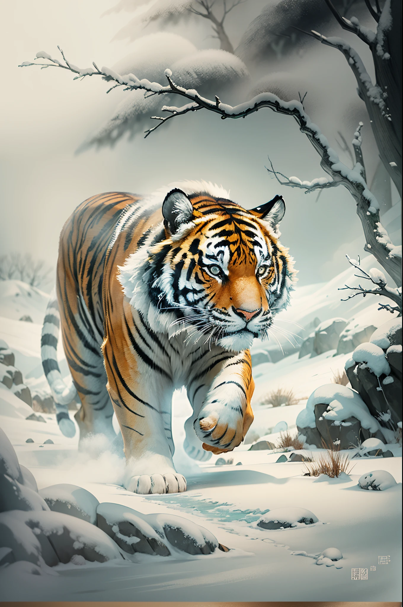 Oyuki,Tiger walking on the snow,Traditional chinese painting,Portrait close-up,8K分辨率