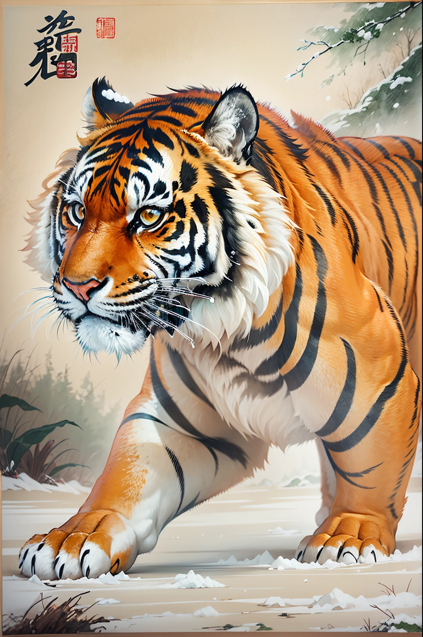 Oyuki,Tiger walking on the snow,Traditional chinese painting,Portrait close-up,8K分辨率