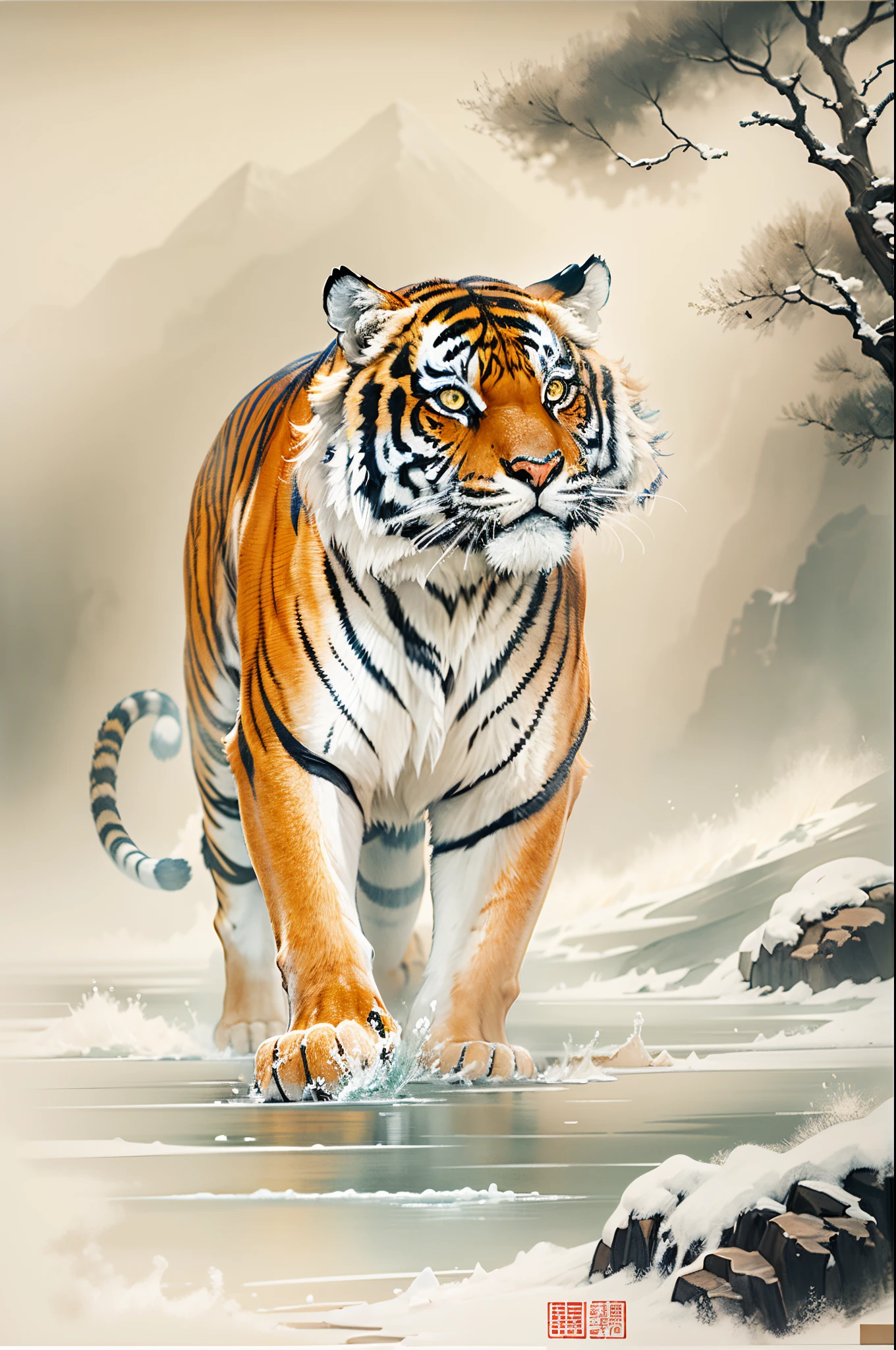 Oyuki,Tiger walking on the snow,Traditional chinese painting,Portrait close-up,8K分辨率