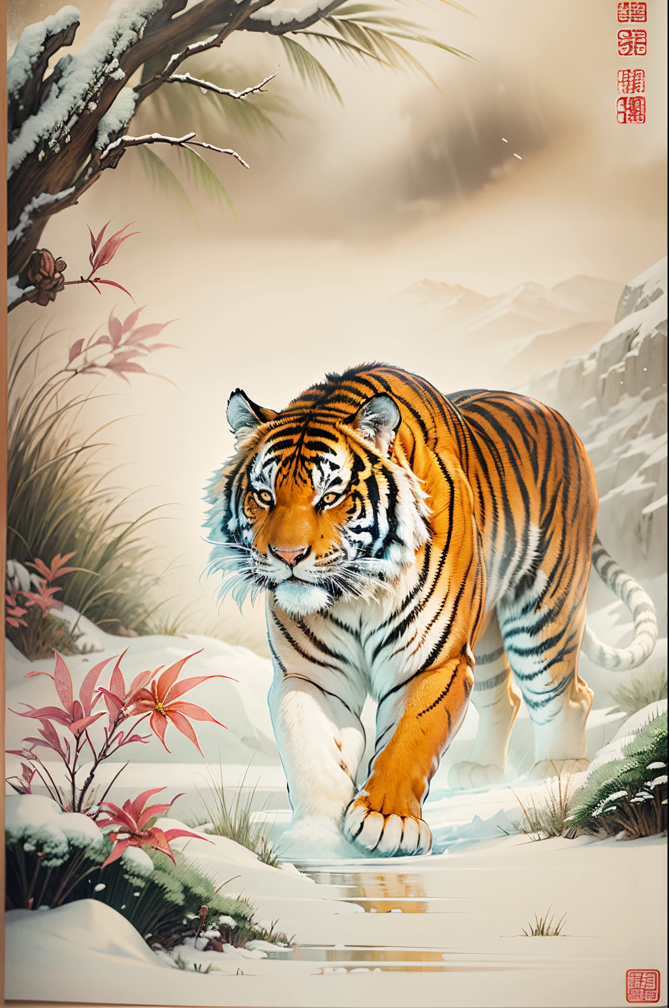 Oyuki,Tiger walking on the snow,Traditional chinese painting,Portrait close-up,8K分辨率