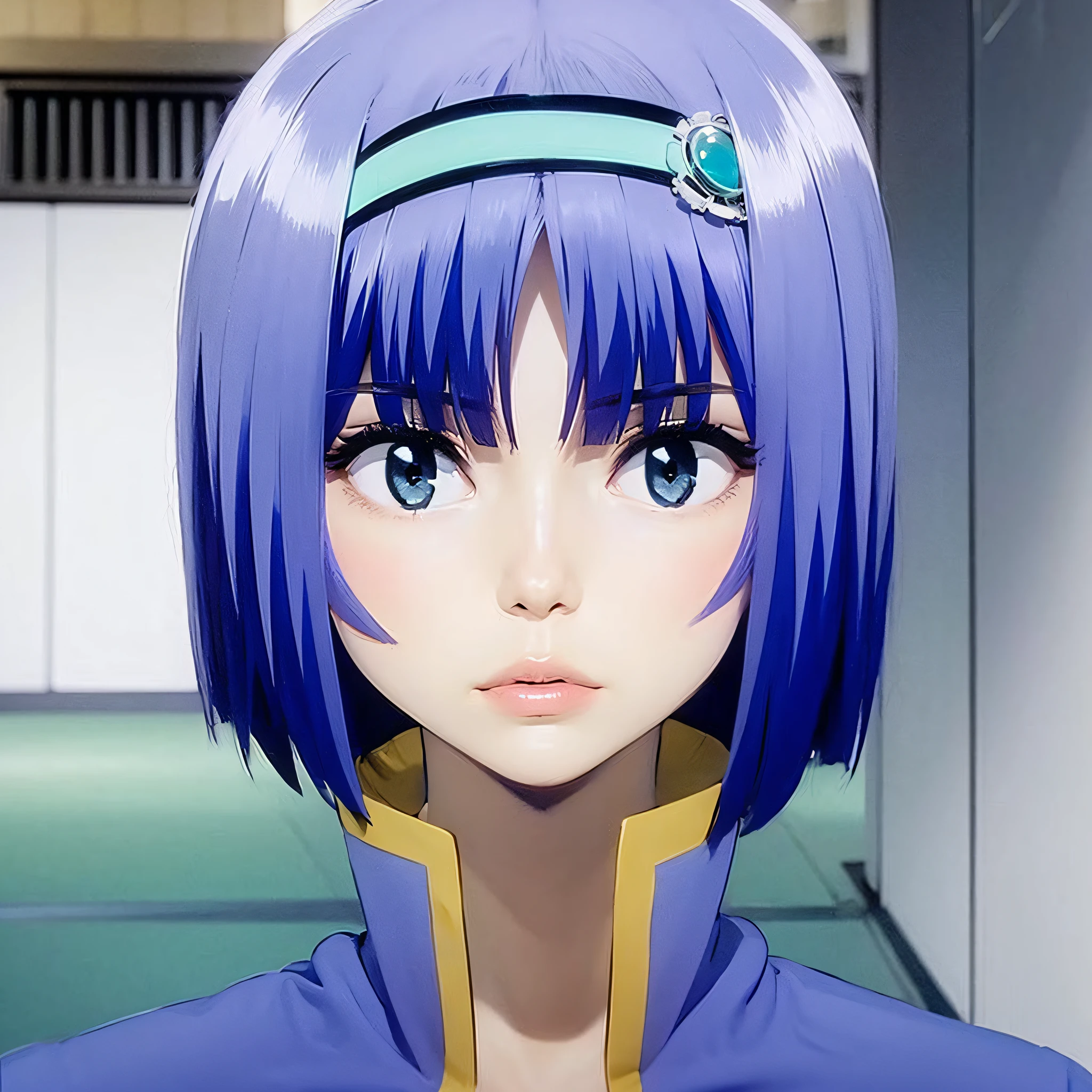 girl, short blue hair, wearing a head band