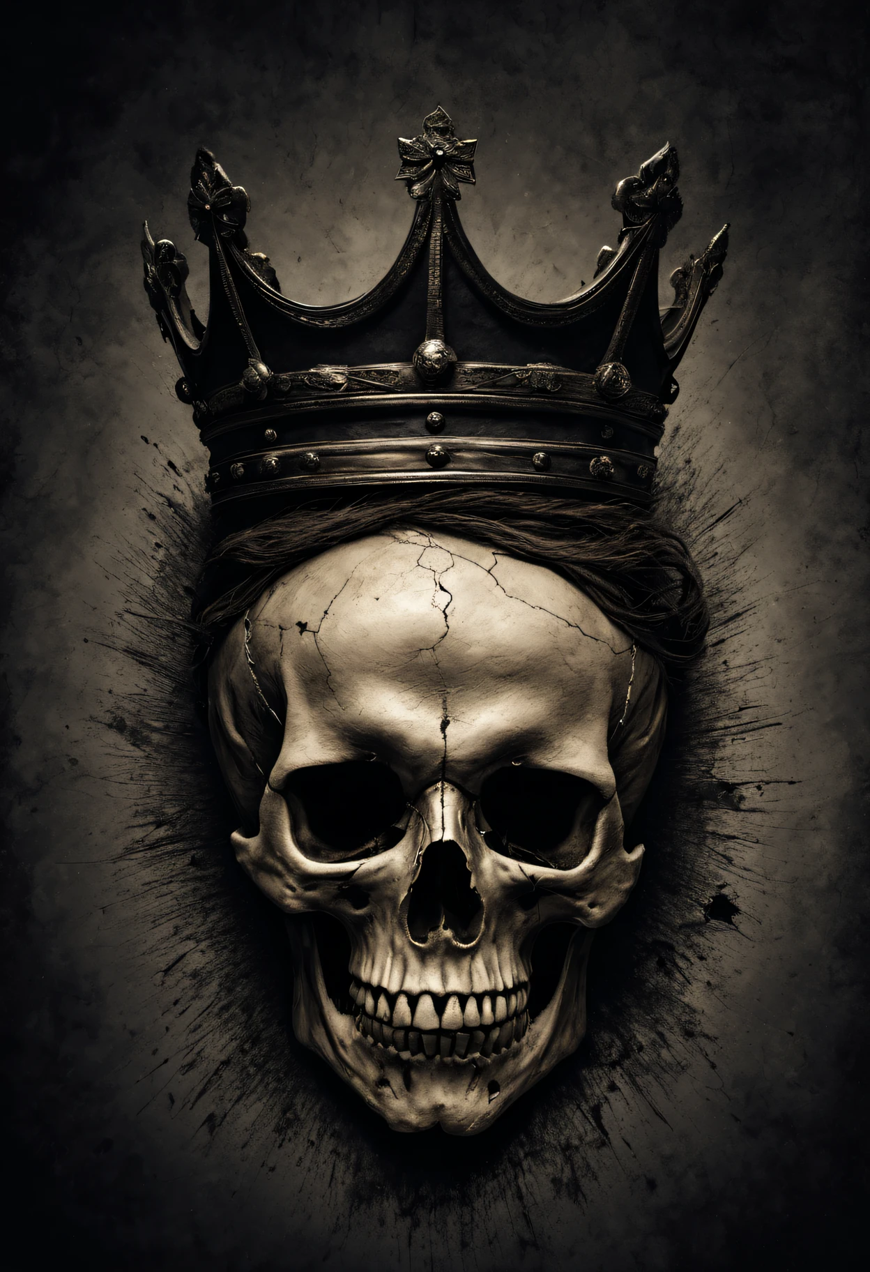 Best quality at best,A high resolution,tmasterpiece:1.2,ultra - detailed,actual,sportrait,Black and white,subtly lit,skull,The king,diadems,sharp linework,minimal style,Distinctive features,hight contrast,vivd details,dramatic shadow,Monochrome contrast,unique ingredients,对称,Tiny details,Expressive eyes,cracked skull texture,Aged and weathered appearance,Tough details,Rough texture,Strong sense of presence,Noble expression,Menacing momentum,posing elegantly,with a calm expression,calm atmosphere,evoke awe and fear,deep dark background,dynamic angle,Shocking visual impact,Subtle color accents,majestic and powerful,unforgettably beautiful.