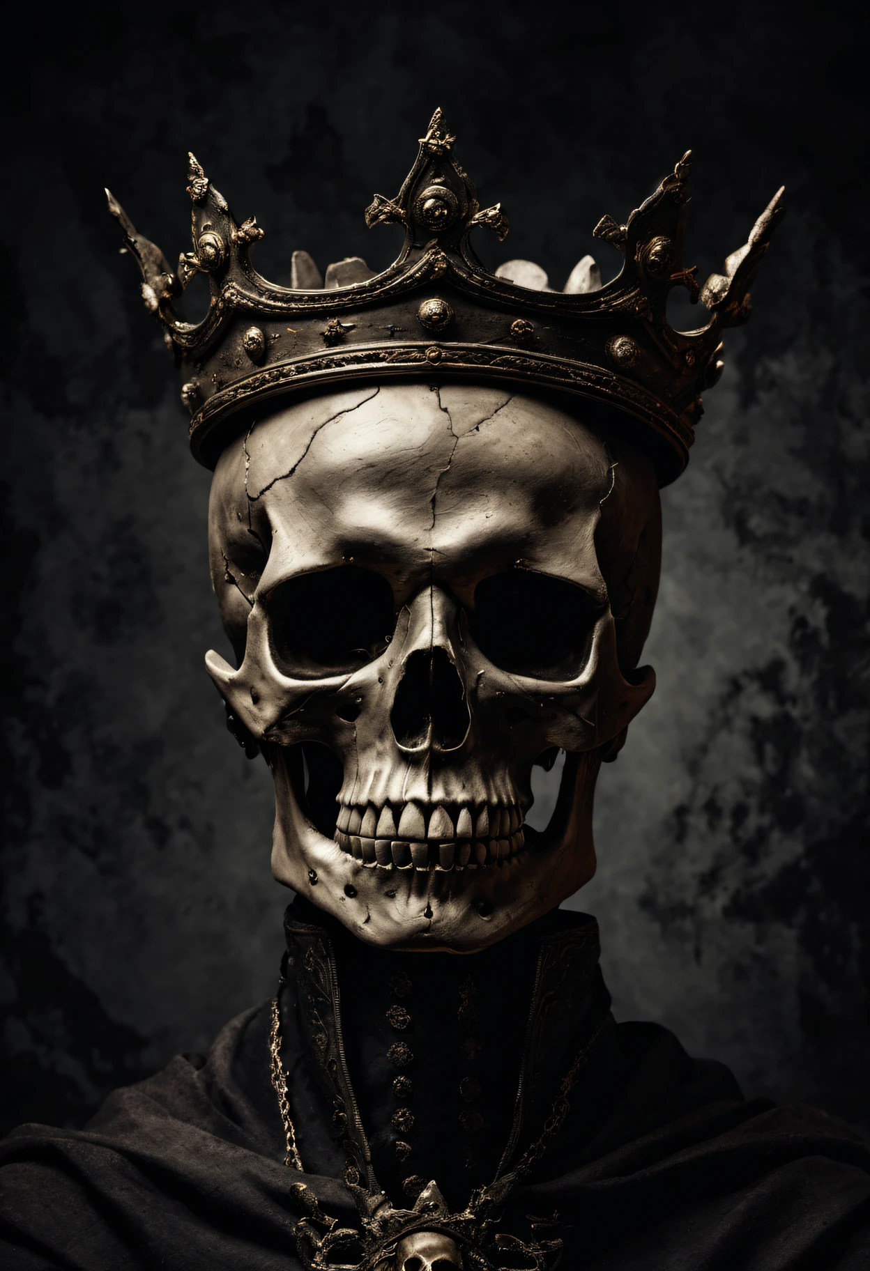 Best quality at best,A high resolution,tmasterpiece:1.2,ultra - detailed,actual,sportrait,Black and white,subtly lit,skull,The king,diadems,sharp linework,minimal style,Distinctive features,hight contrast,vivd details,dramatic shadow,Monochrome contrast,unique ingredients,对称,Tiny details,Expressive eyes,cracked skull texture,Aged and weathered appearance,Tough details,Rough texture,Strong sense of presence,Noble expression,Menacing momentum,posing elegantly,with a calm expression,calm atmosphere,evoke awe and fear,deep dark background,dynamic angle,Shocking visual impact,Subtle color accents,majestic and powerful,unforgettably beautiful.