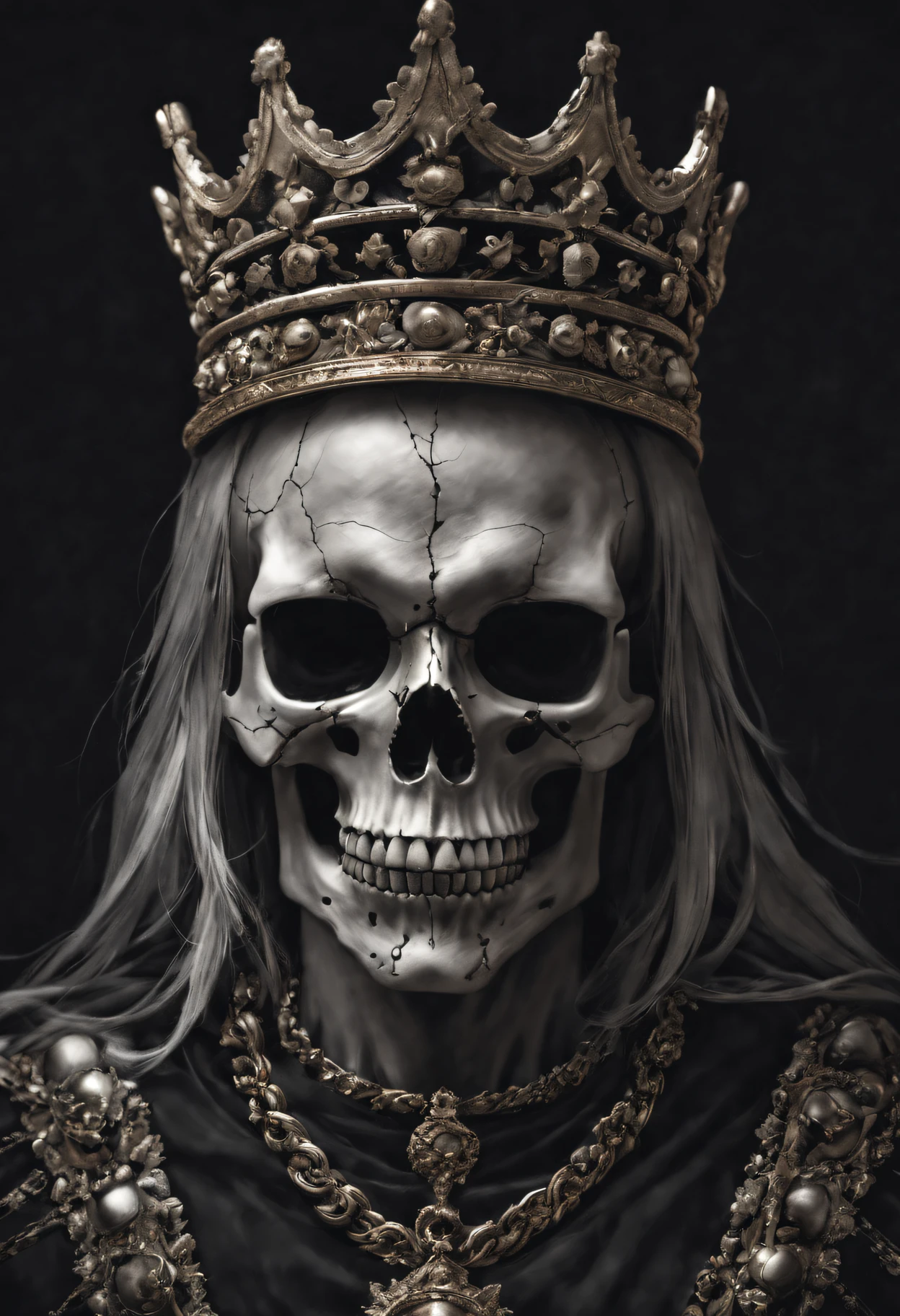 Best quality at best,A high resolution,tmasterpiece:1.2,ultra - detailed,actual,sportrait,Black and white,subtly lit,skull,The king,diadems,sharp linework,minimal style,Distinctive features,hight contrast,vivd details,dramatic shadow,Monochrome contrast,unique ingredients,对称,Tiny details,Expressive eyes,cracked skull texture,Aged and weathered appearance,Tough details,Rough texture,Strong sense of presence,Noble expression,Menacing momentum,posing elegantly,with a calm expression,calm atmosphere,evoke awe and fear,deep dark background,dynamic angle,Shocking visual impact,Subtle color accents,majestic and powerful,unforgettably beautiful.