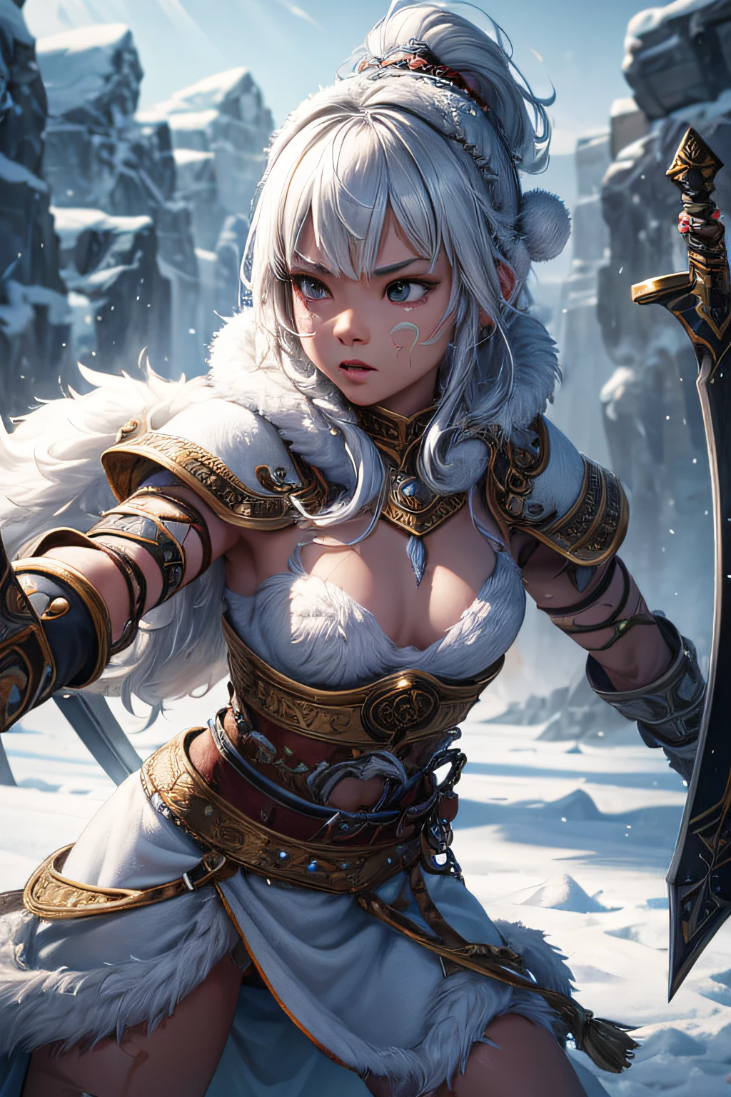 young eskimo teen girl, ancient arctic warrior, evil look,,combat stance, wielding a sword, facepaint, bodypaint, sexi, small breasts, ancient arctic furry dress and armor, snowland in background, highly detailed, vibrant appearance, creative behavior, extremly detailed, imaginative, sensual, spontaneous, highest quality, skin texture, intricate details, (cinematic lighting), RAW photo, 8k, masterpiece,best quality,ultra-detailed,very detailed illustrations,extremely detailed,intricate details,highres,super complex details,extremely detailed 8k cg wallpaper,