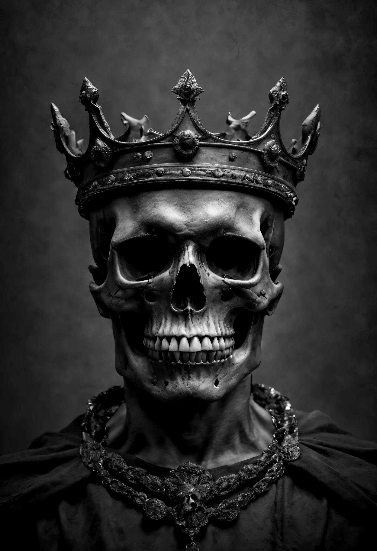 Best quality at best,A high resolution,tmasterpiece:1.2,ultra - detailed,actual,sportrait,Black and white,subtly lit,skull,The king,diadems,sharp linework,minimal style,Distinctive features,hight contrast,vivd details,dramatic shadow,Monochrome contrast,unique ingredients,对称,Tiny details,Expressive eyes,cracked skull texture,Aged and weathered appearance,Tough details,Rough texture,Strong sense of presence,Noble expression,Menacing momentum,posing elegantly,with a calm expression,calm atmosphere,evoke awe and fear,deep dark background,dynamic angle,Shocking visual impact,Subtle color accents,majestic and powerful,unforgettably beautiful.