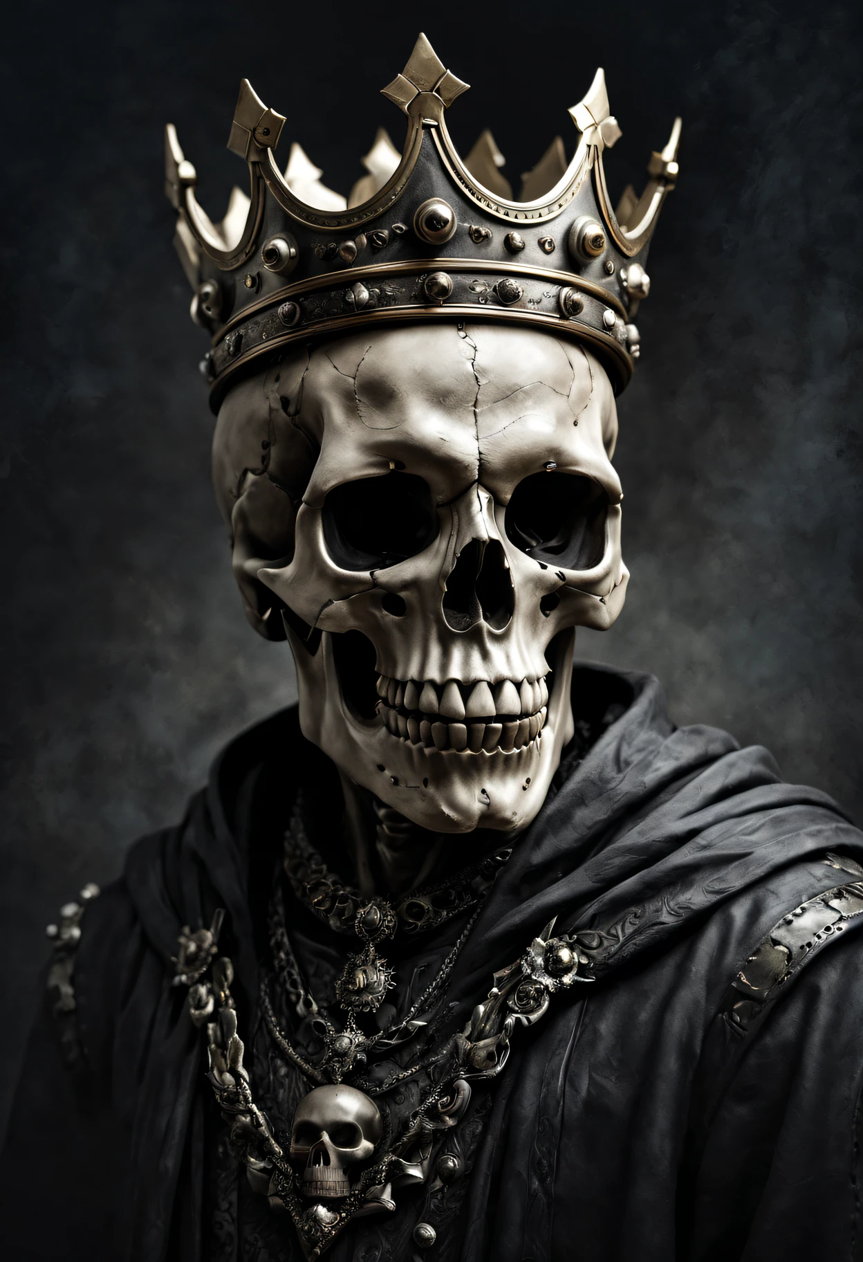Best quality at best,A high resolution,tmasterpiece:1.2,ultra - detailed,actual,sportrait,Black and white,subtly lit,skull,The king,diadems,sharp linework,minimal style,Distinctive features,hight contrast,vivd details,dramatic shadow,Monochrome contrast,unique ingredients,对称,Tiny details,Expressive eyes,cracked skull texture,Aged and weathered appearance,Tough details,Rough texture,Strong sense of presence,Noble expression,Menacing momentum,posing elegantly,with a calm expression,calm atmosphere,evoke awe and fear,deep dark background,dynamic angle,Shocking visual impact,Subtle color accents,majestic and powerful,unforgettably beautiful.