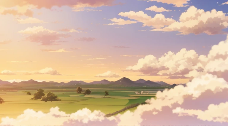 anime scene，There are many clouds in the fields，There are several birds flying in the sky, studio ghibli sky, Anime countryside landscape, anime movie backgrounds, Colorful anime movie background, Studio Ghibli Sunshine, background aerial battle, anime backgrounds, Anime Cloud, beautiful anime scenes, Anime beautiful peaceful scene, Studio Ghibli view, Studio Ghibli film stills