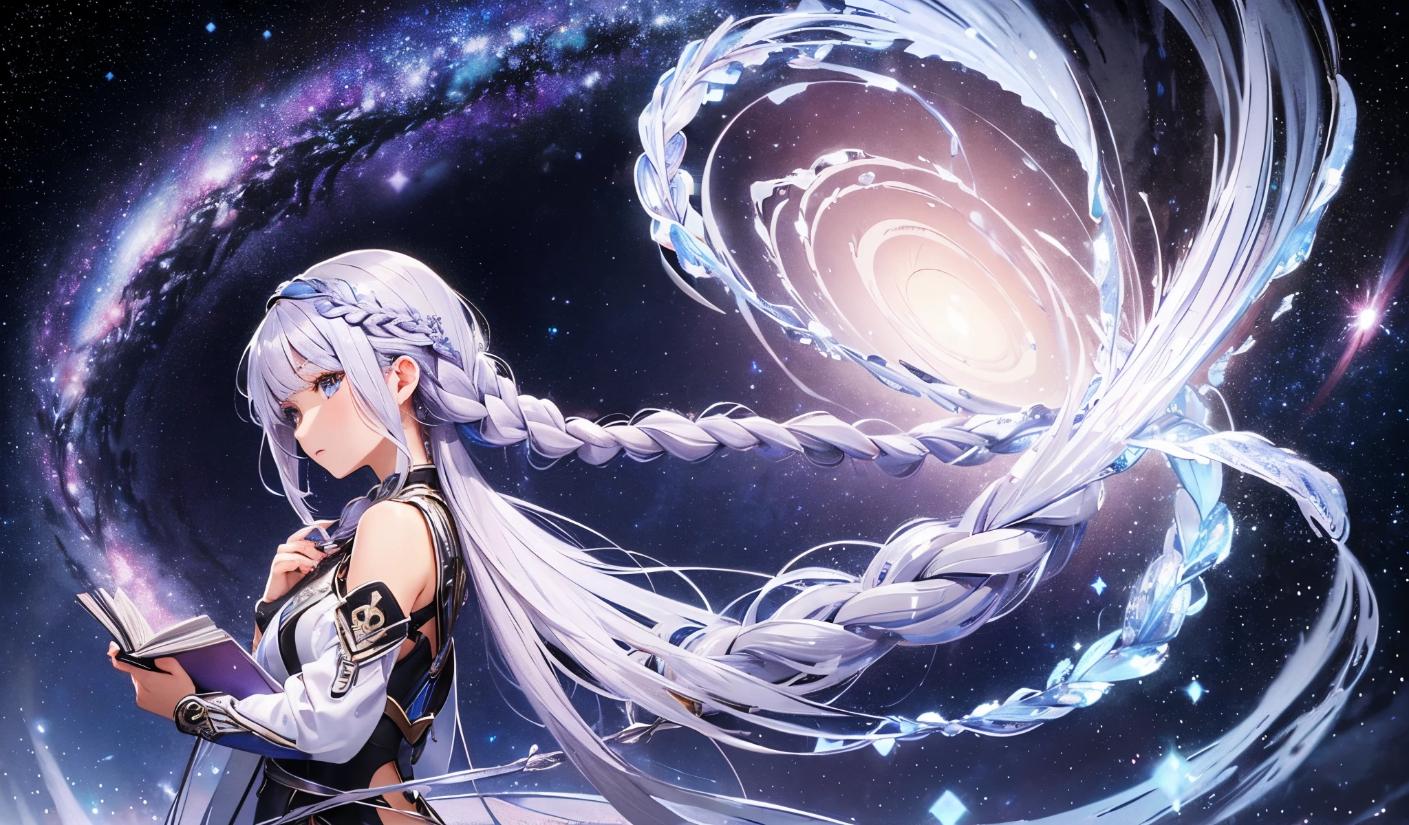 Andromeda、personification、(Beautiful silver hair long from side to side2Woman with hairstyle modeled with braids in book):1.3、Woman alone、(Beautiful spiral galaxy of the Andromeda Nebula shining in the night sky):1.9、masterpiece、realisitic、raw