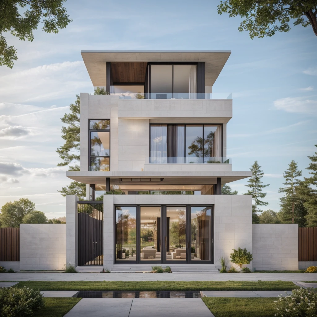 (masterpiece),(high quality), best quality, real,(realistic), super detailed, (full detail),(4k),8k,modern house exterior design,Modern architecture,Sandstone,whitewall,Beautiful_sky,Day light, no_humans, outdoors,sky,tree,Garden flower front of building,