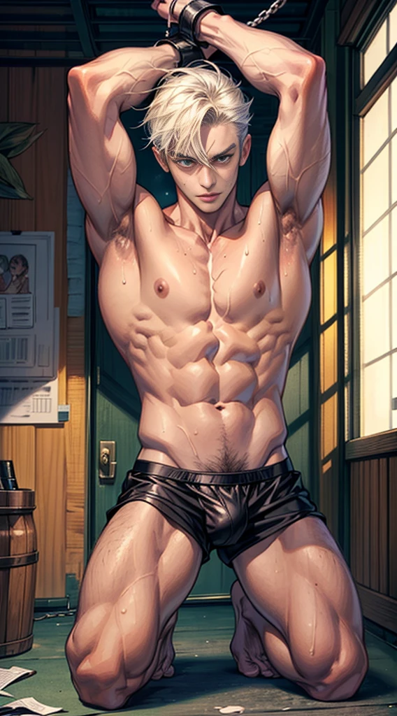 (masterpiece,best quality,8k,ultra-detailed:1.3),1boy,kneeling,arms up,handsome,muscular,restrained,shackles, chamber,(underpants,big bulge),tan skin,short hair,detailed beautiful eyes,sharp,sweat,humid,breath