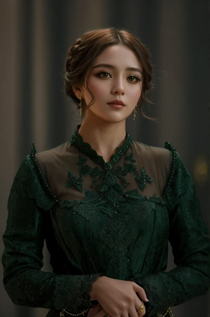 un primer plano de una mujer con un vestido verde y un anillo de oro, Ella lleva un vestido verde oscuro, caballeresca en reposo, Vestido victoriano, Ropa verde oscuro ornamentada, Traje de estilo victoriano, victoriana, Intricate costume design, Victorian-inspired clothing, Reina Medieval, Medieval, Estilo de Juego de Tronos, ulzzang, maquillaje popular de Corea del sur