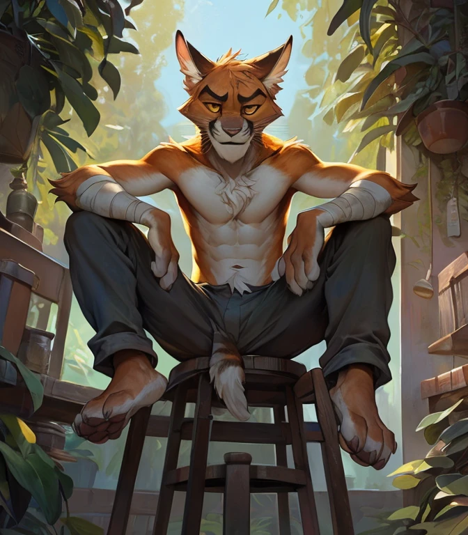 MALE ANTHRO FURRY, CAT BOY, zib, orange fur, white belly, slim athletic, ((clear yellow eyes, orange sclera, detailed pupil:1)), white bandage, 4 fingers, 1boy, solo, sitting, plantigrade, paws, stool (looking at viewer), barefoot, smile, pants, shirtless,detailed fur, 4 fingers (detailed bonifasko lighting) (detailed ambient light), (indoory pino daeni, by joaquin sorolla, by einshelm) fluffy fur, (solo:1), looking at viewer (front view)