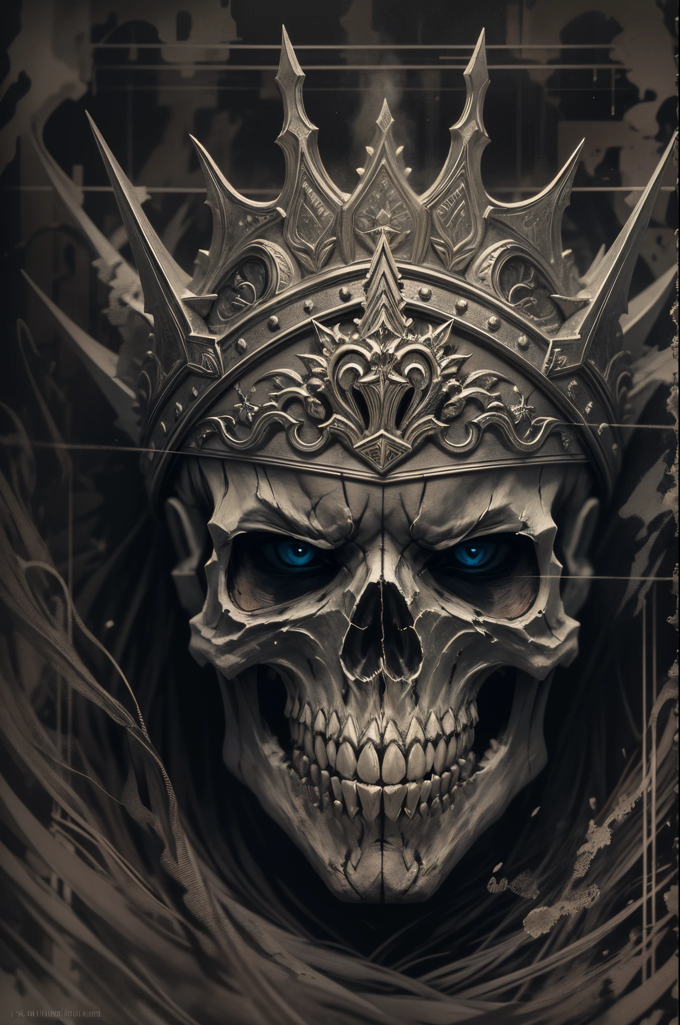 best quality,highres,masterpiece:1.2,ultra-detailed,realistic,portraits,black and white,subtle lighting,skull,king,crown,sharp lines,minimalist style,distinctive,high contrast,vivid details,dramatic shadows,monochrome contrast,unique composition,symmetry,tiny details,expressive eyes,cracked skull texture,aged and weathered look,gritty details,rough texture,strong presence,noble expression,menacing aura,elegant posture,serene expression,calm atmosphere,evokes awe and fear,dark background,dynamic angles,striking visual impact,subtle color accents,majestic and powerful,hauntingly beautiful.