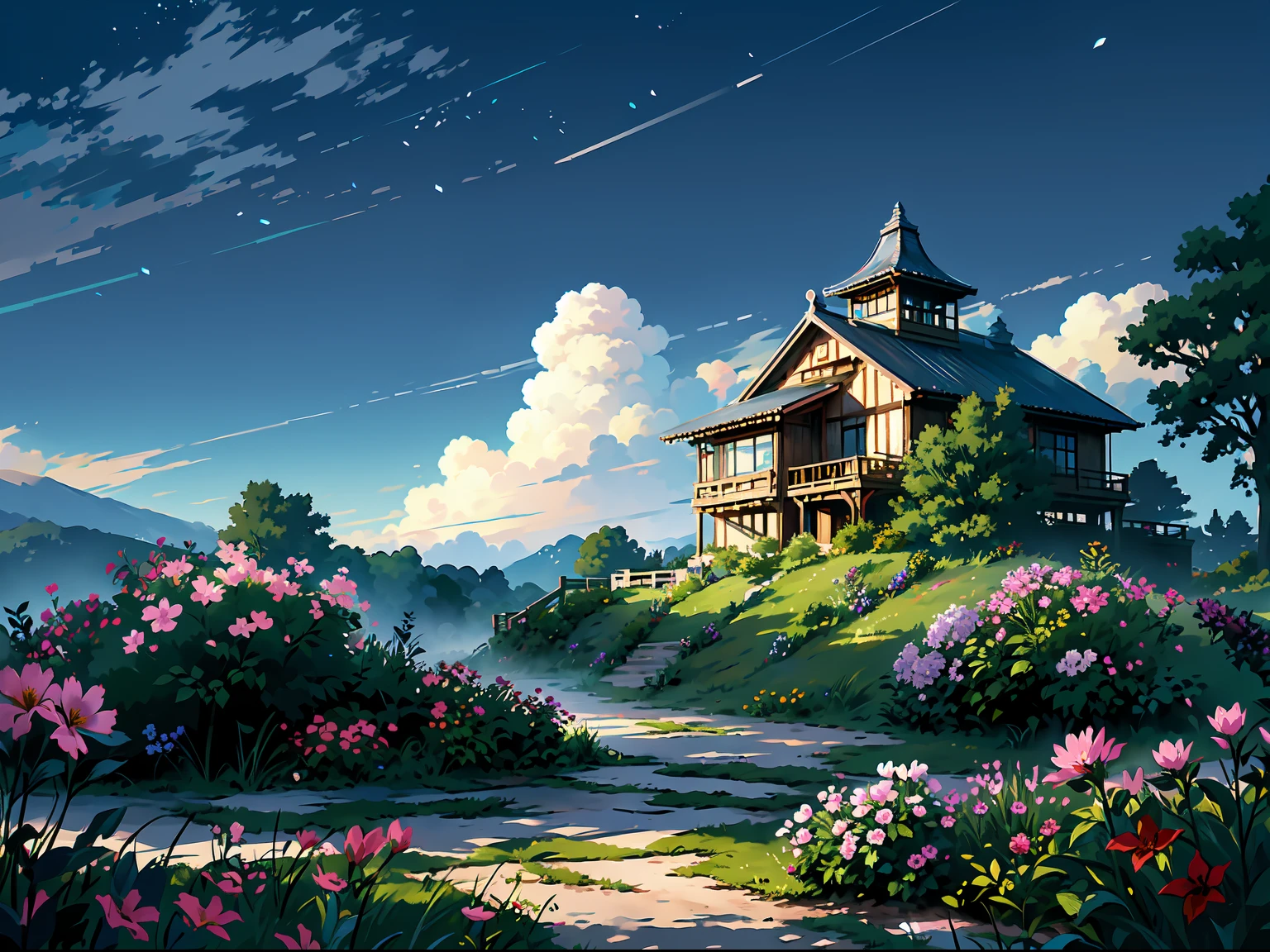 (masterpiece, best quality:1.2), (no human:1.3), garden, beautiful, (night, fireflies:1.1), clouds, clean, shack, fence, (flowers, minimalism:1.4), ultra clean, Ultra detailed, studio ghibli, landscape, wallpaper, clean, warm tone, god rays, anime style, cinematic lighting, bloom, ray tracing, reflection light, masterpiece, super detail, highres, best quality
