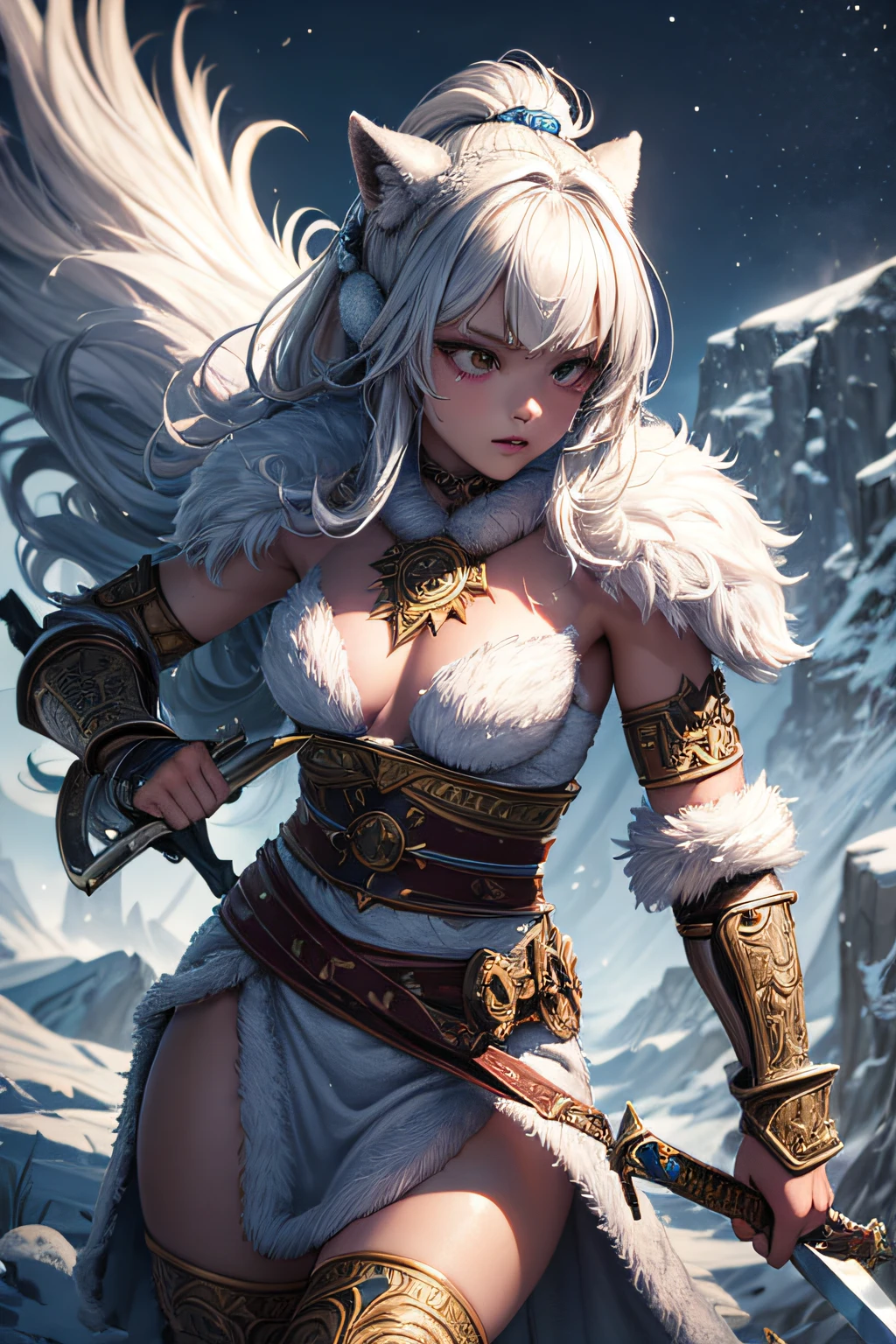 young eskimo girl, ancient arctic warrior, evil look,,combat stance, wielding a sword, facepaint, bodypaint, sexi, small breasts, ancient arctic furry dress and armor, snowland in background, highly detailed, vibrant appearance, creative behavior, extremly detailed, imaginative, sensual, spontaneous, highest quality, skin texture, intricate details, (cinematic lighting), RAW photo, 8k, masterpiece,best quality,ultra-detailed,very detailed illustrations,extremely detailed,intricate details,highres,super complex details,extremely detailed 8k cg wallpaper,