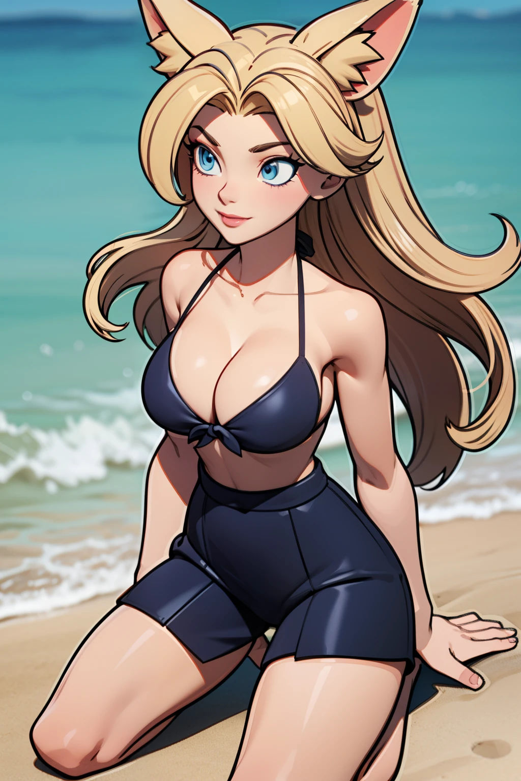 1girl, full body, ager, solo, (very long waist length blonde hair, straight blonde hair: 1.28), ((light blue eyes)), perfect clear skin, (large darker fox ears: 1.35), pale skin, large breasts, cleavage, (thin hips, thin waist , athletic body: 1.25), background, looking away, (wearing only a bikini: 1.5), kneeling in the sand, masterpiece, best quality,3d rending work ,3DMM style, close-up, portrait, 3D,