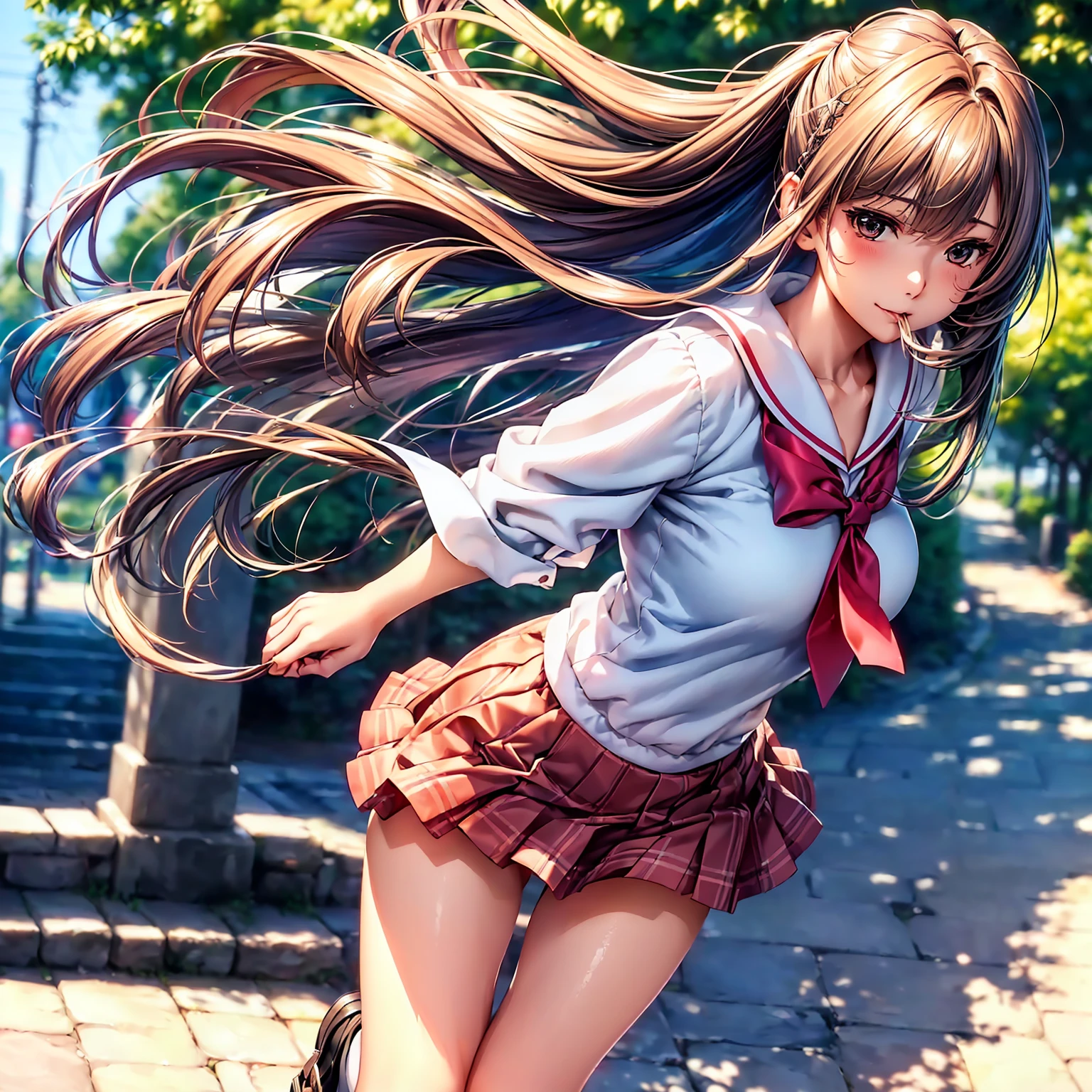 (top quality picture、masterpiece level、very high res、超A high resolution,High-quality detail)、(An 18-year-old beautiful girl with perfect and ultimate beauty.,beautiful breasts and body shape,Beautiful body,美丽的面容:1.5)、Wide variety of hairstyles,Beautiful hair,Realistic textures,beautiful colors,White shirt,bow ribbon,blazers,pleatedskirt(Wearing a Japan high school uniform,high-school uniform,School uniform,hi-school girl,schoolgirl),has a bright smile,line of sight,Mouth opens,The wind is blowing,Hair flutters under the influence of the wind,In front of the school gate at dusk,The cherry tree,Beautiful Landscapes,(The whole body,thigh visible,accurate anatomy、extremely detailed picture、Accurate images、Perfect Image 1.5)、beautiful anime woman, Beautiful Art Style, an animated character、(The whole picture、Detailed picture、Defect-free images、natural soft light、beautiful image),(Best Shot 1.2)