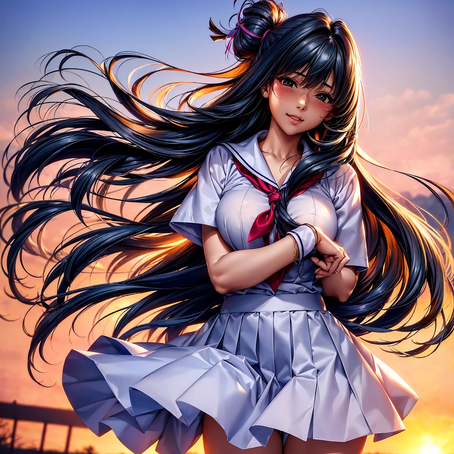 (top quality picture、masterpiece level、very high res、超A high resolution,High-quality detail)、(An 18-year-old beautiful girl with perfect and ultimate beauty.,beautiful breasts and body shape,Beautiful body,美丽的面容:1.5)、Wide variety of hairstyles,Beautiful hair,Realistic textures,beautiful colors,White shirt,bow ribbon,blazers,pleatedskirt(Wearing a Japan high school uniform,high-school uniform,School uniform,hi-school girl,schoolgirl),has a bright smile,line of sight,Mouth opens,The wind is blowing,Hair flutters under the influence of the wind,In front of the school gate at dusk,The cherry tree,Beautiful Landscapes,(The whole body,thigh visible,accurate anatomy、extremely detailed picture、Accurate images、Perfect Image 1.5)、beautiful anime woman, Beautiful Art Style, an animated character、(The whole picture、Detailed picture、Defect-free images、natural soft light、beautiful image),(Best Shot 1.2)