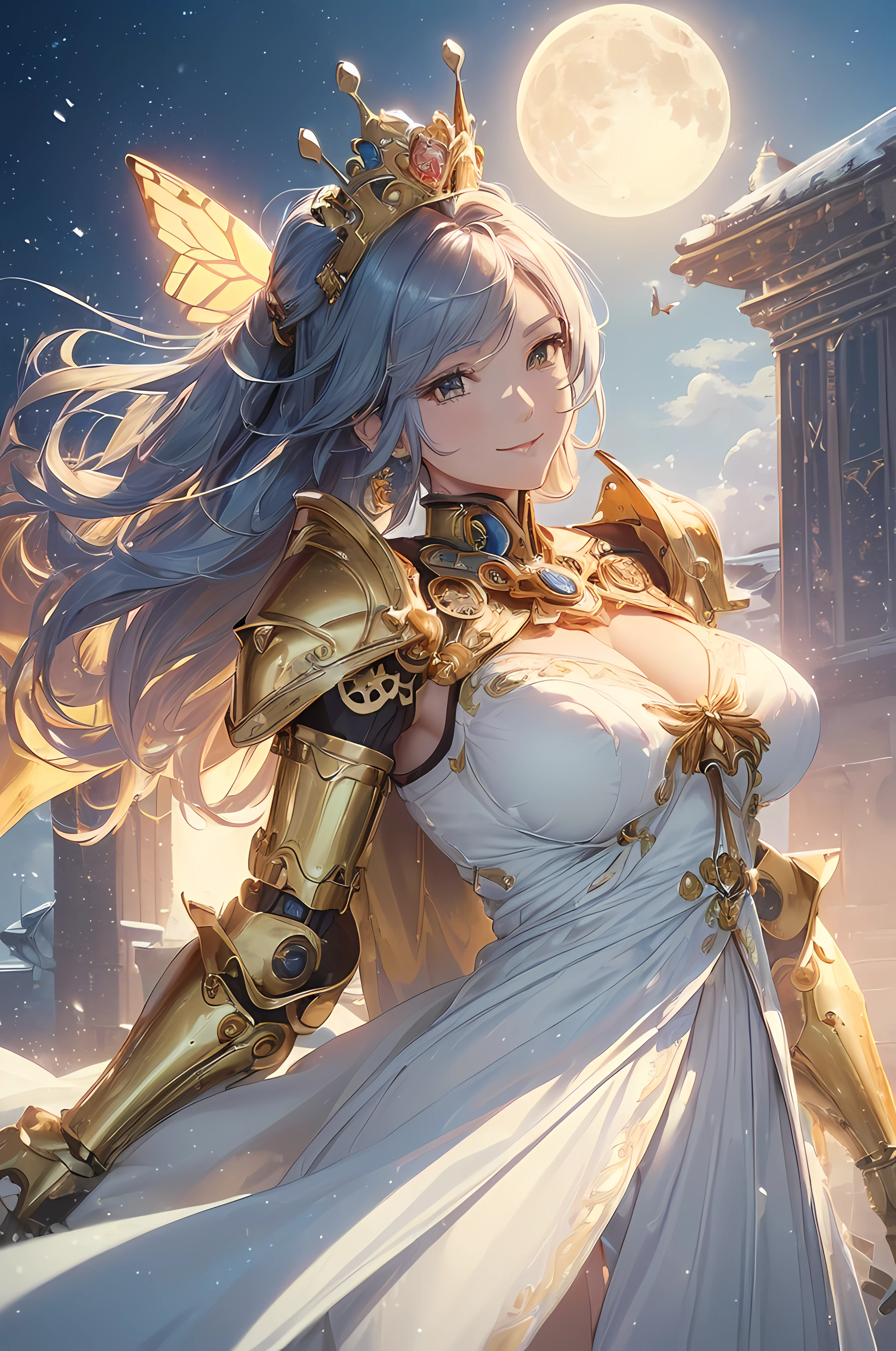 A beautiful woman, legendary, ((((realistic oil art, 46-year-old Empress, vibrant look, ((moon armor mecha, white gown, white robe, golden gears, steampunk mecha, google, white bluish helmet, white bluish crown, steampunk cloth)), top of the mountain, 1girl, masterpiece, extremely detailed, (beautiful detailed glow), lens flare, moon, clouds, backlighting, (blue sky), female mecha, golden line mecha, golden cloth ornament, armor ornament, soft blue details, white bluish color cloth, shiny black color ornament, holding a steampunk weapon
, light from behind, shadow on the figure, smile, laughter, standing in the distance, looking at the viewer, full-length
, elegance under the sun, hair ornament, movement motion, image look alive, perfect body figure, very big breast, very big ass, beautiful face, milf, royal, black color hair, shining golden eyes, ponytail short hair style, beautiful skin, Extremely details hair, fine details, cinematic lighting, beautiful lighting effect, creative design, full body frame, divine aura, hard harmony , moon light, perfect color transition, perfect balance of contrast, perfect color layer, perfectly smooth color blur, soft rendering, smooth color stroke, moon glare, optic lens, moonlight ray, soft colors, smooth colors blend, perfect color rendering, harmony, perfect color harmony, beautiful color, soft harmony, light particles, perfect details, intricate details, color prism, fine details, refine details, intricate clothes details, fine clothes, smooth fabric clothes texture, different view point))), Tachibana Omina art style, affectionate eyes, half a smile, slightly open mouth, a gentle expression on his face, serene scenery of flower under the snow, snow flake floating around, calm, breeze and moonlight, moon, in the background, butterflies in the sky, realism, ((Best quality))),8k,((Masterpiece)),(Extremely refined and beautiful)