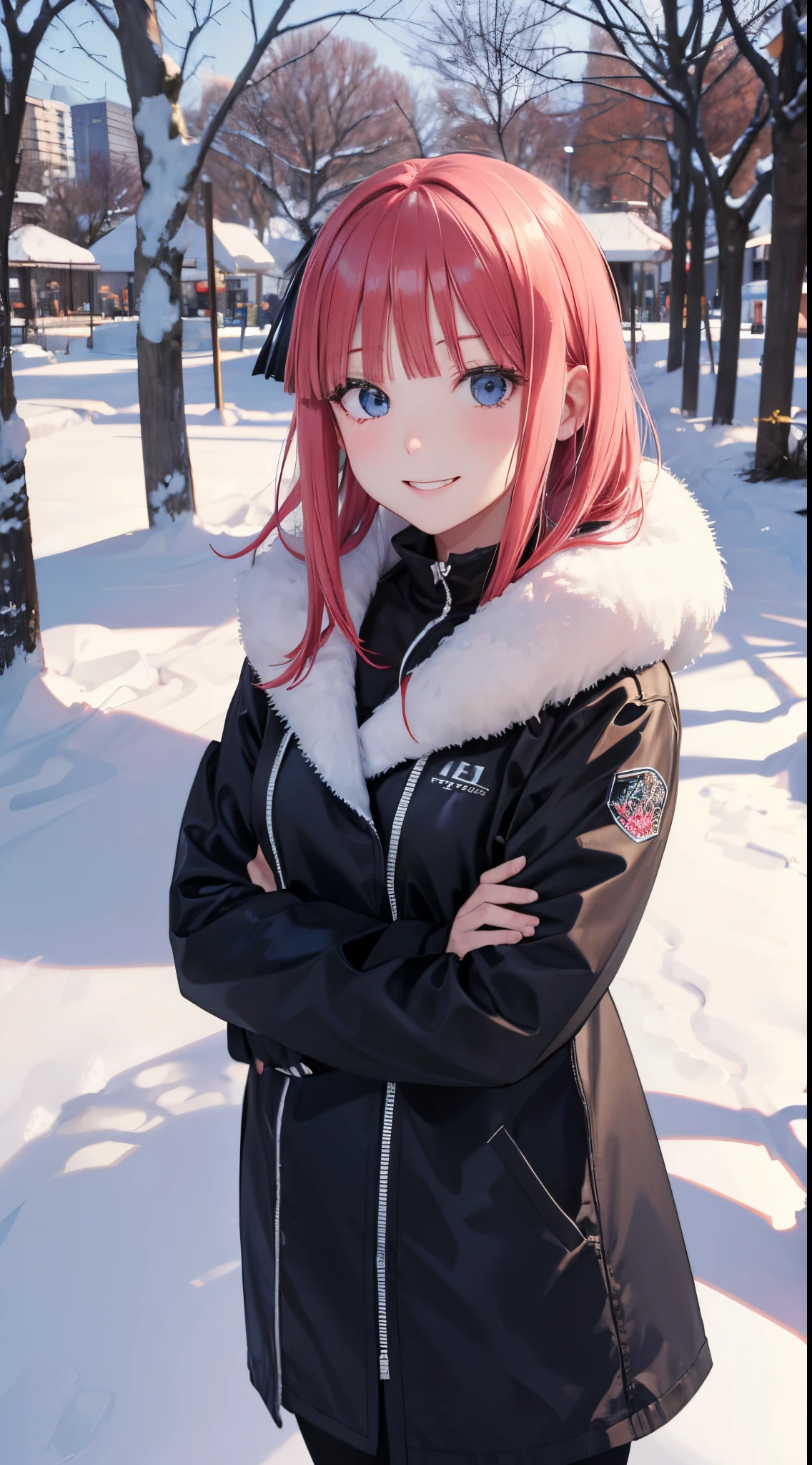 Nino Nakano sonriendo,cabello largo,sexy,ropa de nieve,parque nevado