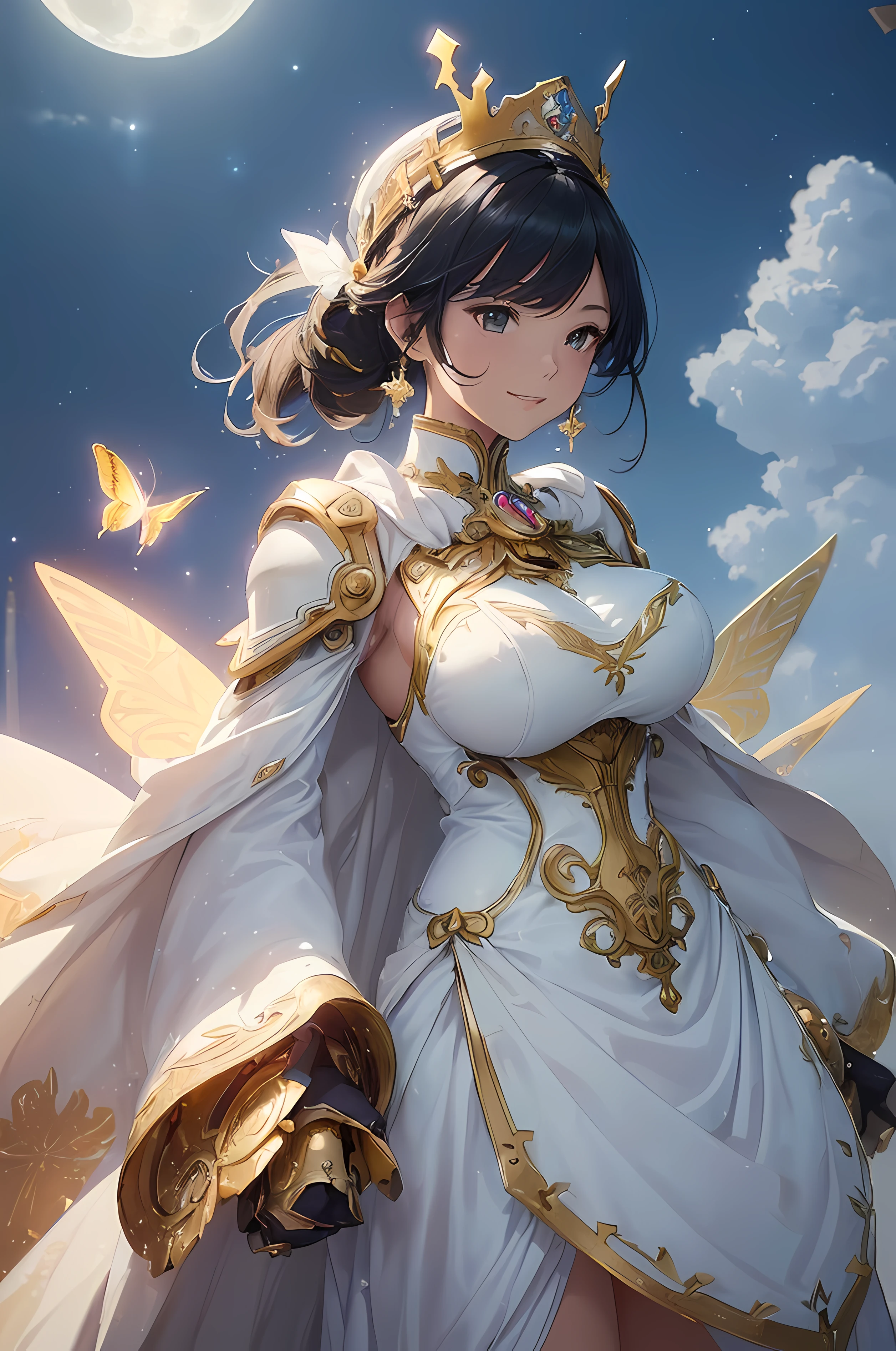 A beautiful woman, legendary, ((((realistic oil art, 46-year-old Empress, vibrant look, ((moon armor mecha, white gown, white robe, golden gears, steampunk mecha, google, white bluish helmet, white bluish crown, steampunk cloth)), top of the mountain, 1girl, masterpiece, extremely detailed, (beautiful detailed glow), lens flare, moon, clouds, backlighting, (blue sky), female mecha, golden line mecha, golden cloth ornament, armor ornament, soft blue details, white bluish color cloth, shiny black color ornament, holding a steampunk weapon
, light from behind, shadow on the figure, smile, laughter, standing in the distance, looking at the viewer, full-length
, elegance under the sun, hair ornament, movement motion, image look alive, perfect body figure, very big breast, very big ass, beautiful face, milf, royal, black color hair, shining golden eyes, ponytail short hair style, beautiful skin, Extremely details hair, fine details, cinematic lighting, beautiful lighting effect, creative design, full body frame, divine aura, hard harmony , moon light, perfect color transition, perfect balance of contrast, perfect color layer, perfectly smooth color blur, soft rendering, smooth color stroke, moon glare, optic lens, moonlight ray, soft colors, smooth colors blend, perfect color rendering, harmony, perfect color harmony, beautiful color, soft harmony, light particles, perfect details, intricate details, color prism, fine details, refine details, intricate clothes details, fine clothes, smooth fabric clothes texture, different view point))), Tachibana Omina art style, affectionate eyes, half a smile, slightly open mouth, a gentle expression on his face, serene scenery of flower under the snow, snow flake floating around, calm, breeze and moonlight, moon, in the background, butterflies in the sky, realism, ((Best quality))),8k,((Masterpiece)),(Extremely refined and beautiful)