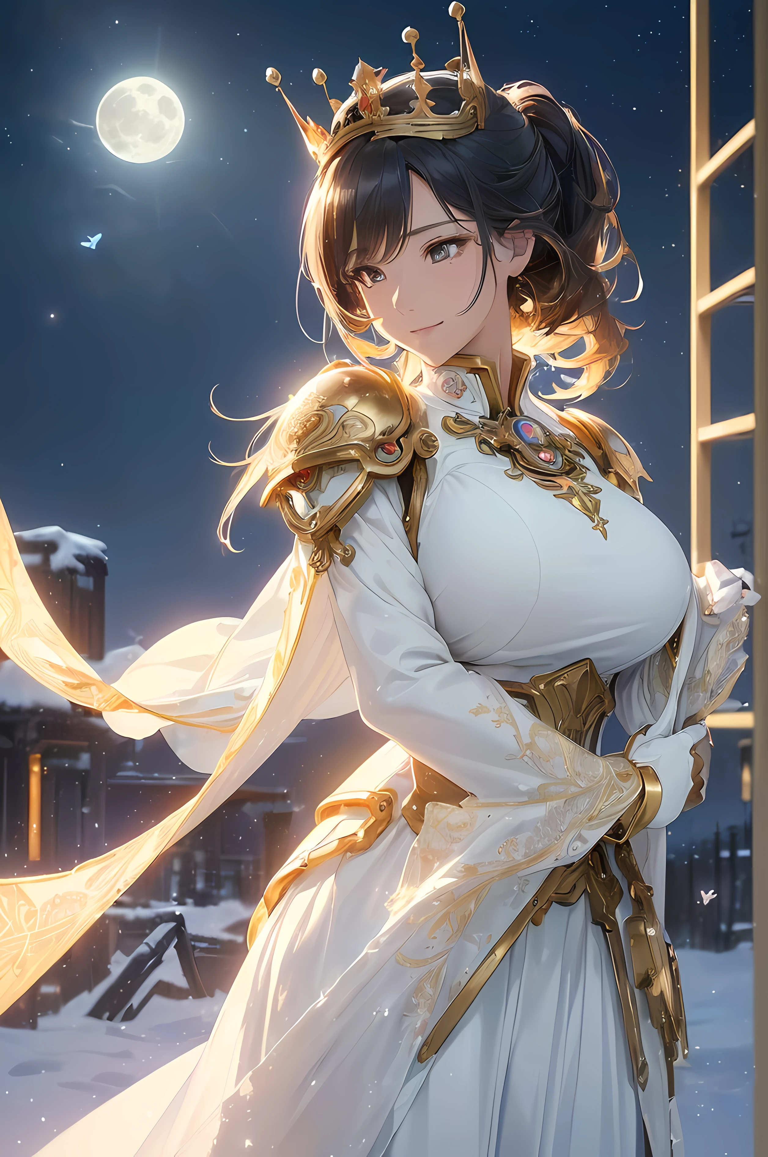 A beautiful woman, legendary, ((((realistic oil art, 46-year-old Empress, vibrant look, ((moon armor mecha, white gown, white robe, golden gears, steampunk mecha, google, white bluish helmet, white bluish crown, steampunk cloth)), top of the mountain, 1girl, masterpiece, extremely detailed, (beautiful detailed glow), lens flare, moon, clouds, backlighting, (blue sky), female mecha, golden line mecha, golden cloth ornament, armor ornament, soft blue details, white bluish color cloth, shiny black color ornament, holding a steampunk weapon
, light from behind, shadow on the figure, smile, laughter, standing in the distance, looking at the viewer, full-length
, elegance under the sun, hair ornament, movement motion, image look alive, perfect body figure, very big breast, very big ass, beautiful face, milf, royal, black color hair, shining golden eyes, ponytail short hair style, beautiful skin, Extremely details hair, fine details, cinematic lighting, beautiful lighting effect, creative design, full body frame, divine aura, hard harmony , moon light, perfect color transition, perfect balance of contrast, perfect color layer, perfectly smooth color blur, soft rendering, smooth color stroke, moon glare, optic lens, moonlight ray, soft colors, smooth colors blend, perfect color rendering, harmony, perfect color harmony, beautiful color, soft harmony, light particles, perfect details, intricate details, color prism, fine details, refine details, intricate clothes details, fine clothes, smooth fabric clothes texture, different view point))), Tachibana Omina art style, affectionate eyes, half a smile, slightly open mouth, a gentle expression on his face, serene scenery of flower under the snow, snow flake floating around, calm, breeze and moonlight, moon, in the background, butterflies in the sky, realism, ((Best quality))),8k,((Masterpiece)),(Extremely refined and beautiful)