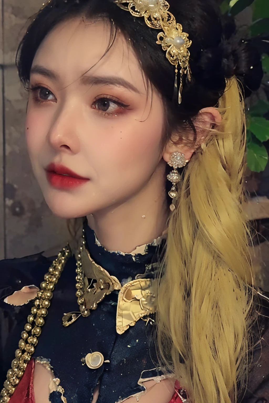 The highest image quality, tmasterpiece, super tall:1.4), Number of photos, 1 girl in,Highly Detailed Face and Skin Textur, 詳細な目, photorealistic eye, beautiful detailed eyes, (Realistic skin), Attractive, Ultra-high sharpness, hyper realisitc, Very meticulous, the golden ratio, (sweatshirts, water leakage, hori&#39;It&#39;s too dark, be desperate, compassionate, Poor, 电影灯光, watery big eyes, watery big eyes, (Torn clothes: 1.5), ((wetclothes: 1.4)), shoulder, True rain, Wet hair, ((Korea, of the whole body))